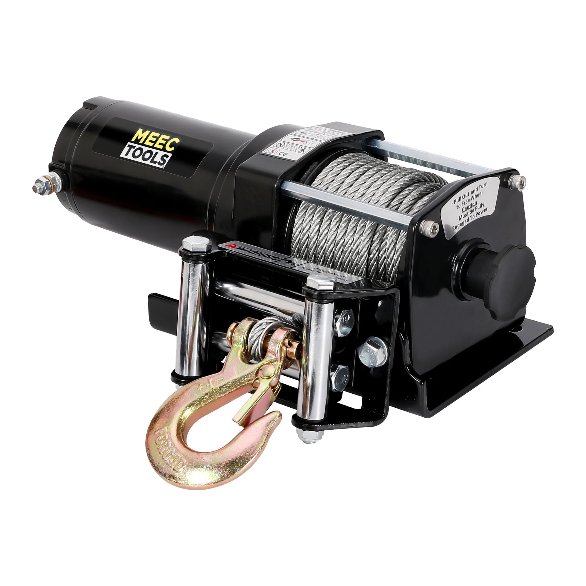 En Meec Tools elvinsch med en slank svart yta, utrustad med en spiralformad stålkabel och en hållbar metallkrok. Varumärket finns på motorhuset. Byggd för tunga lyft eller draguppgifter.