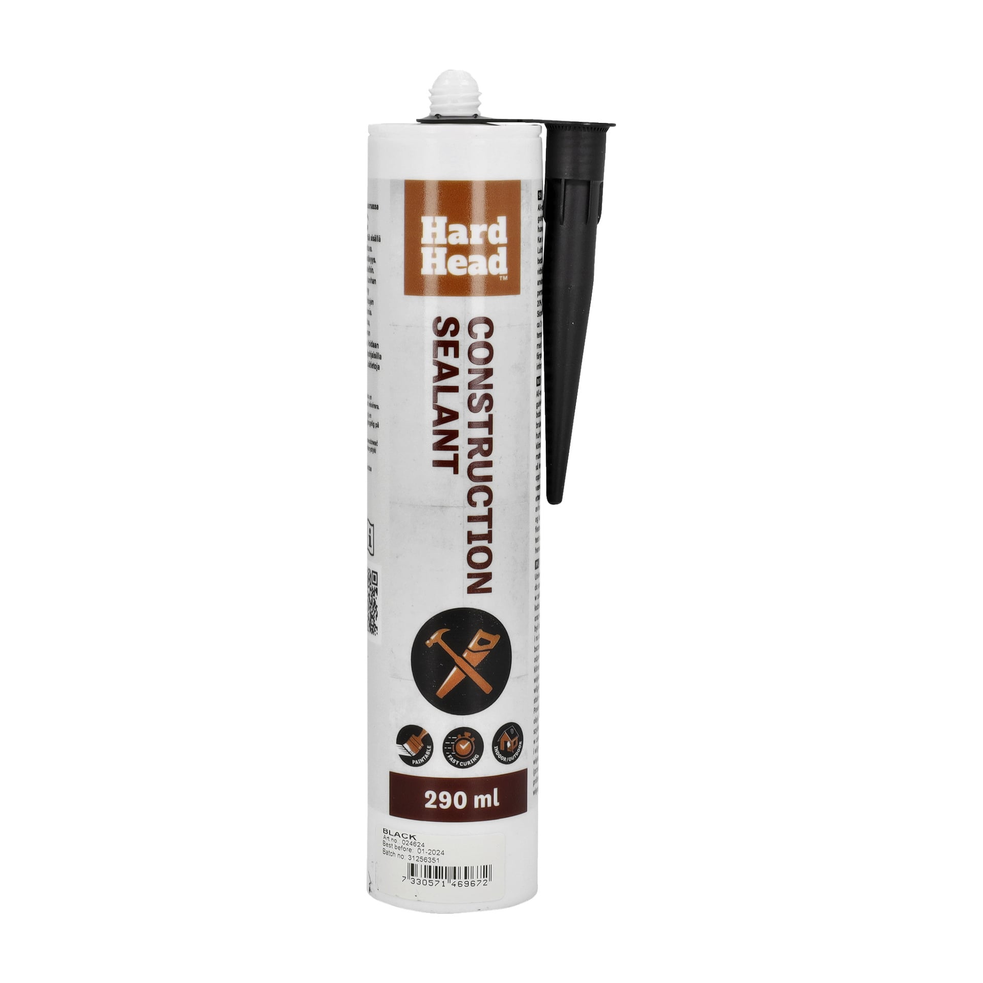 Ett 290 ml rör Hard Head Construction-tätningsmedel med ett svart munstycke fäst på sidan. Etiketten visar Hard Head-logotypen, orden "Construction sealant" och en orange ikon av ett byggverktyg.
