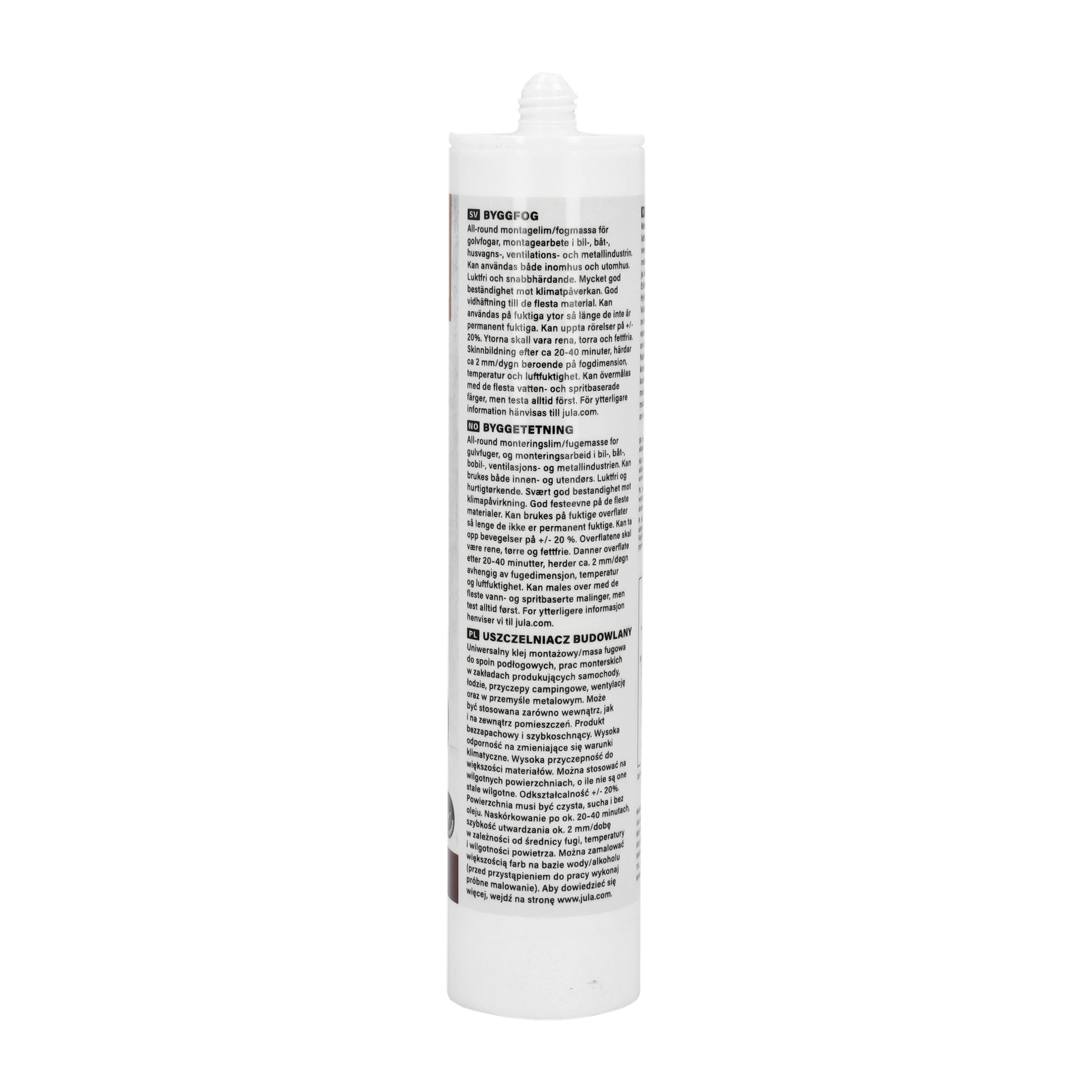 Ett vitt cylindriskt rör av Hard Head Construction Sealant med ett spetsigt munstycke, med tryckta instruktioner och produktinformation. Röret står upprätt.