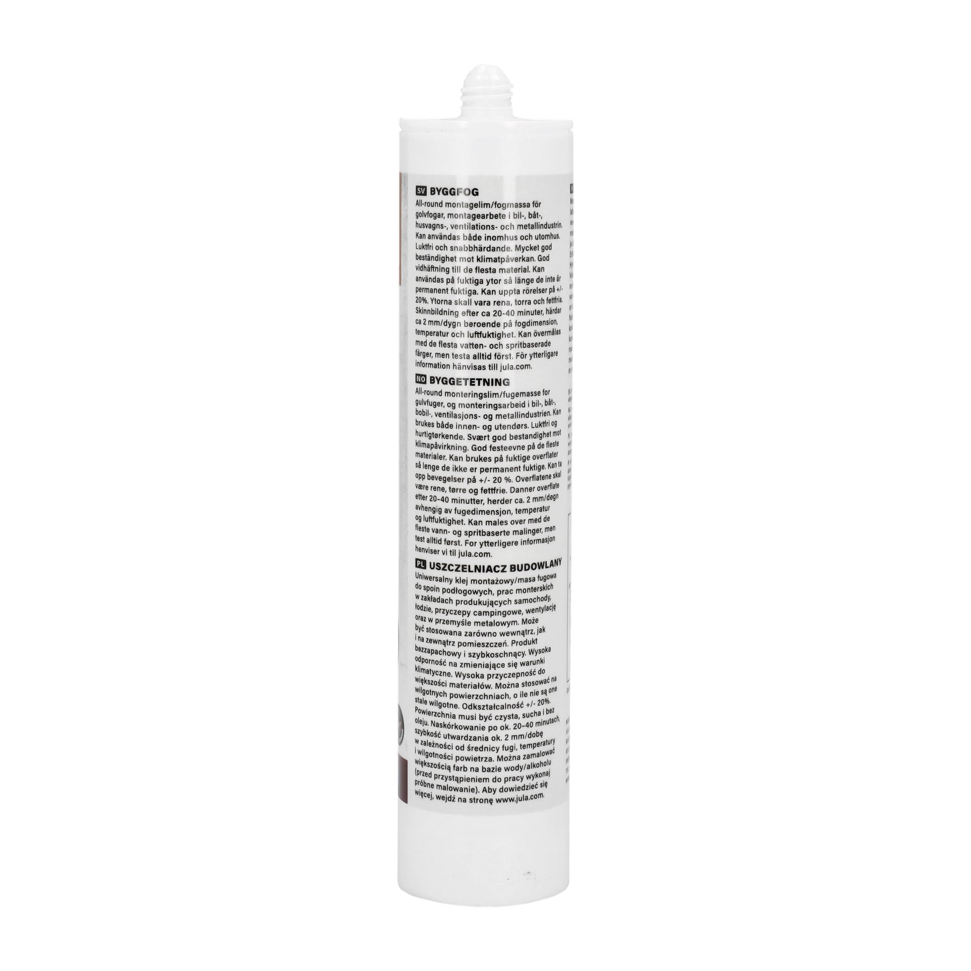 Biała cylindryczna tuba uszczelniacza Hard Head Construction Sealant z spiczastą dyszą, z wydrukowaną instrukcją i informacjami o produkcie. Rurka stoi pionowo.