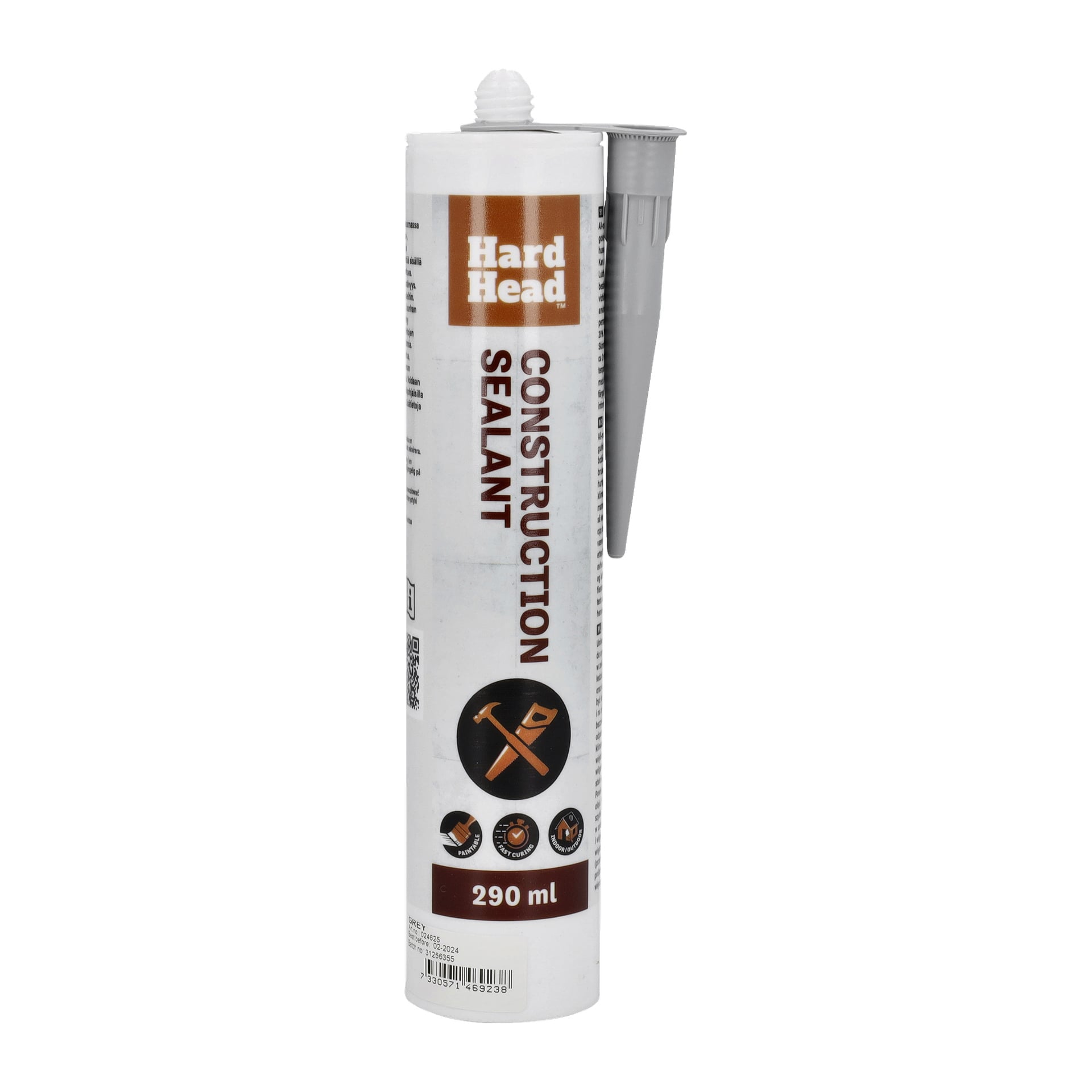 En 290 ml tub Hard Head Construction Sealant med grått munstycke och en etikett som visar konstruktionstema tillsammans med produktdetaljer i vitt, brunt och rött.