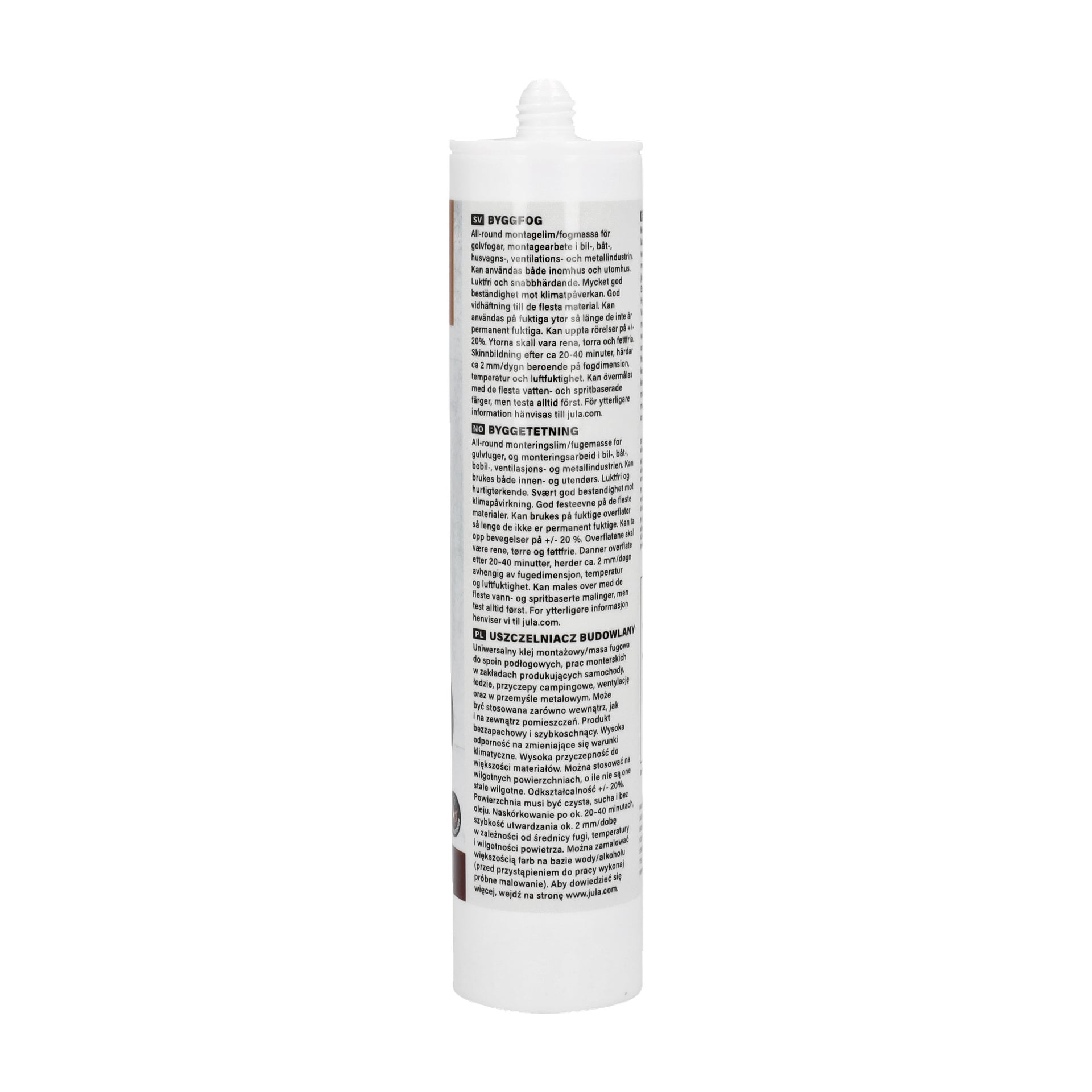 Ett högt, vitt cylindriskt rör med ett spetsigt munstycke, med en framträdande etikett "Hard Head Construction sealant" högst upp. Tubens kropp visar produktinformation och användningsanvisningar.