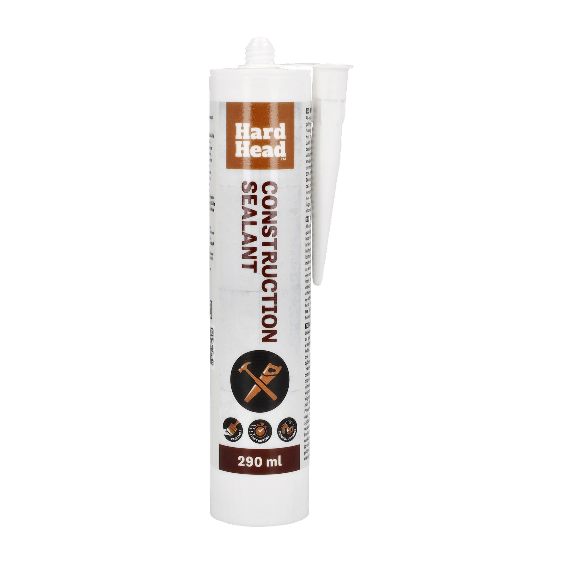 En 290 ml tub Hard Head Construction Sealant med ett vitt munstycke. Etiketten är vit med brun och orange text och verktygsikoner, med produktnamnet "Construction Sealant."