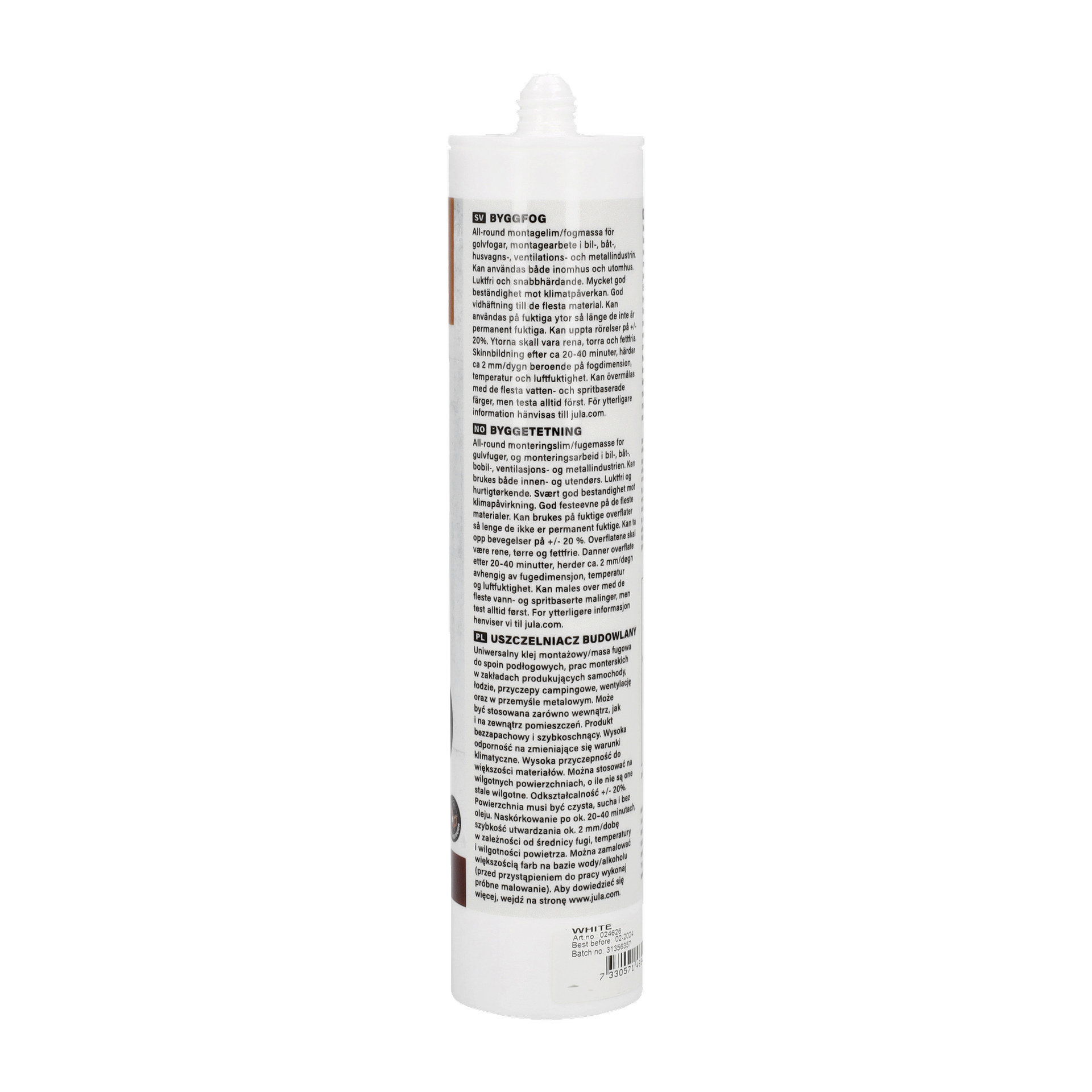 Ett högt, vitt rör med munstycke, som visade produktdetaljer och användningsanvisningar. Texten identifierar den som Hard Head Construction Sealant, ett allroundlim och tätningsmedel för montering.