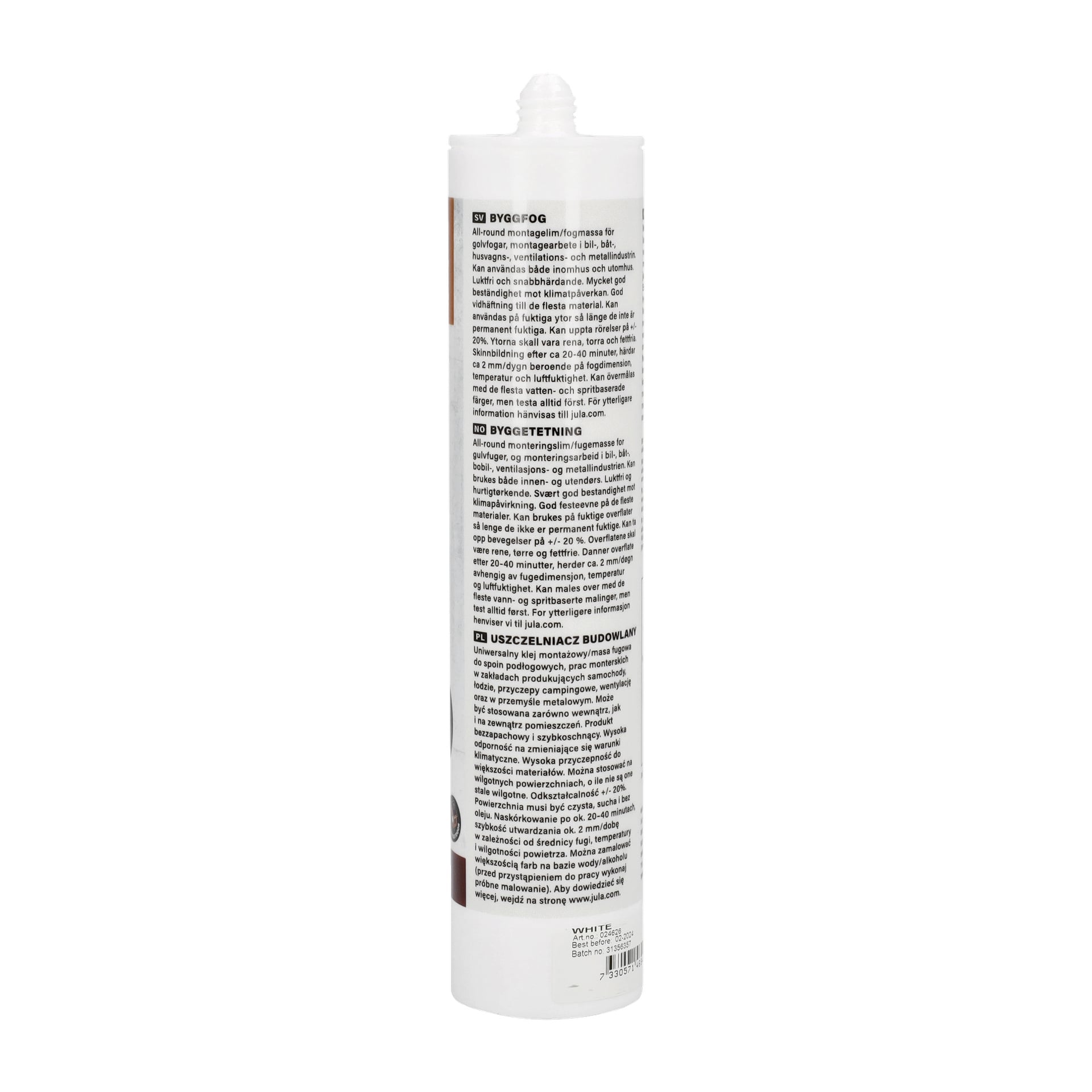 Ett högt, vitt rör med munstycke, som visade produktdetaljer och användningsanvisningar. Texten identifierar den som Hard Head Construction Sealant, ett allroundlim och tätningsmedel för montering.