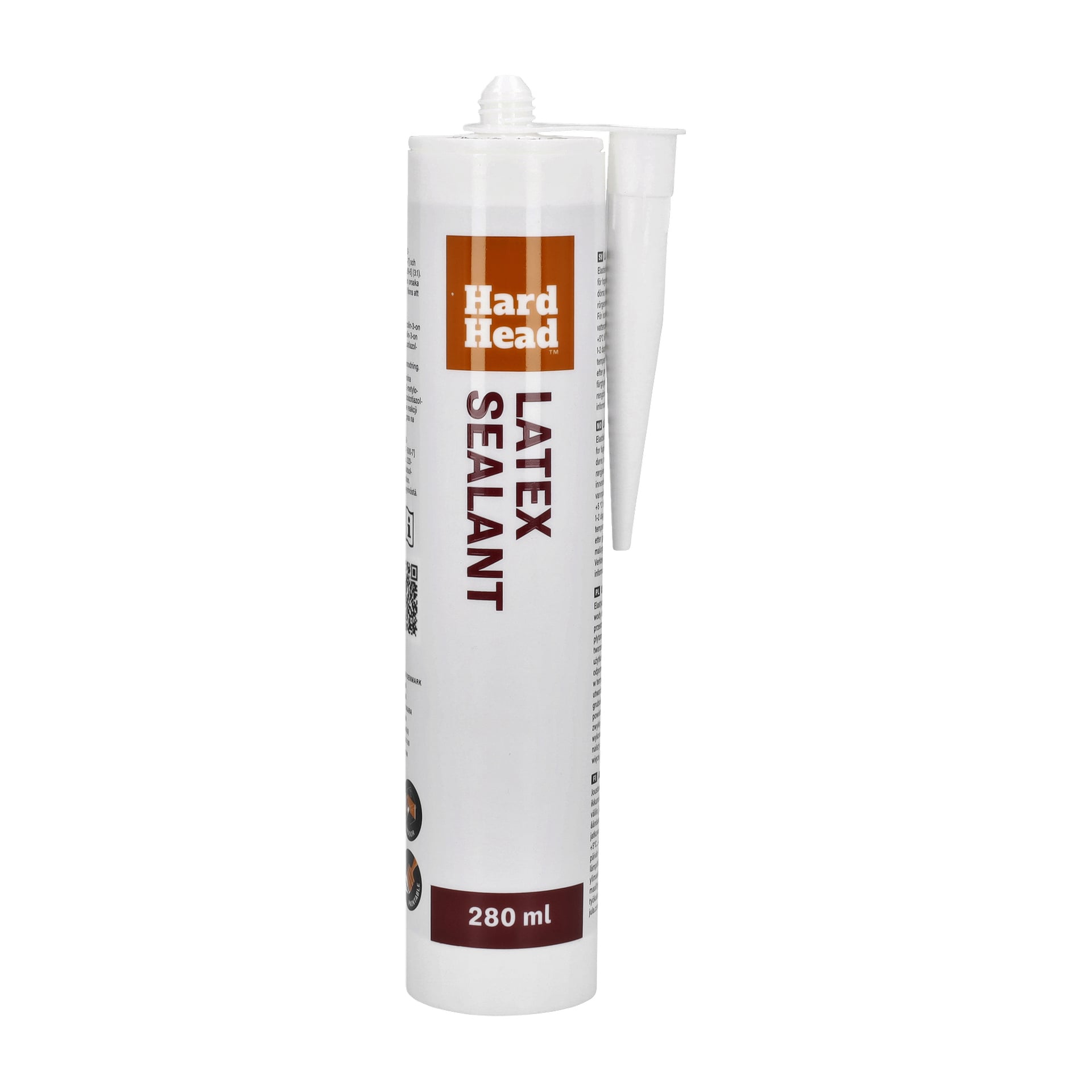 En 280 ml vit tub med Hard Head Latex Sealant står upprätt med ett sidomunstycke; Etiketten visar fetstil produkt- och varumärkesinformation.