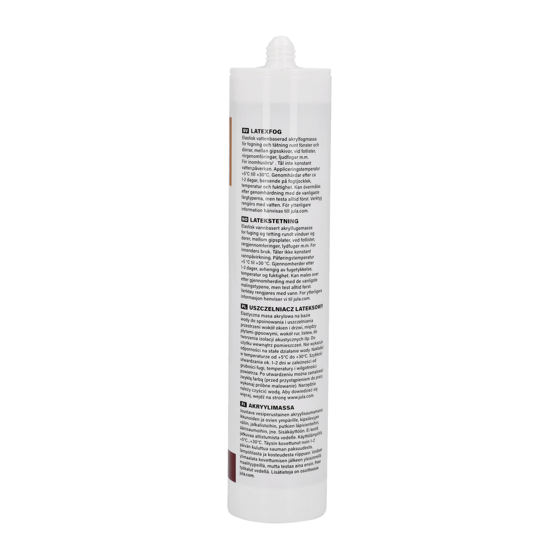Ett vitt cylindriskt rör med spetsig lock, täckt av svart text med information om produktinformation för Hard Head Latex Sealant. Etiketten omsluter större delen av tuben och visar instruktioner och beskrivningar.