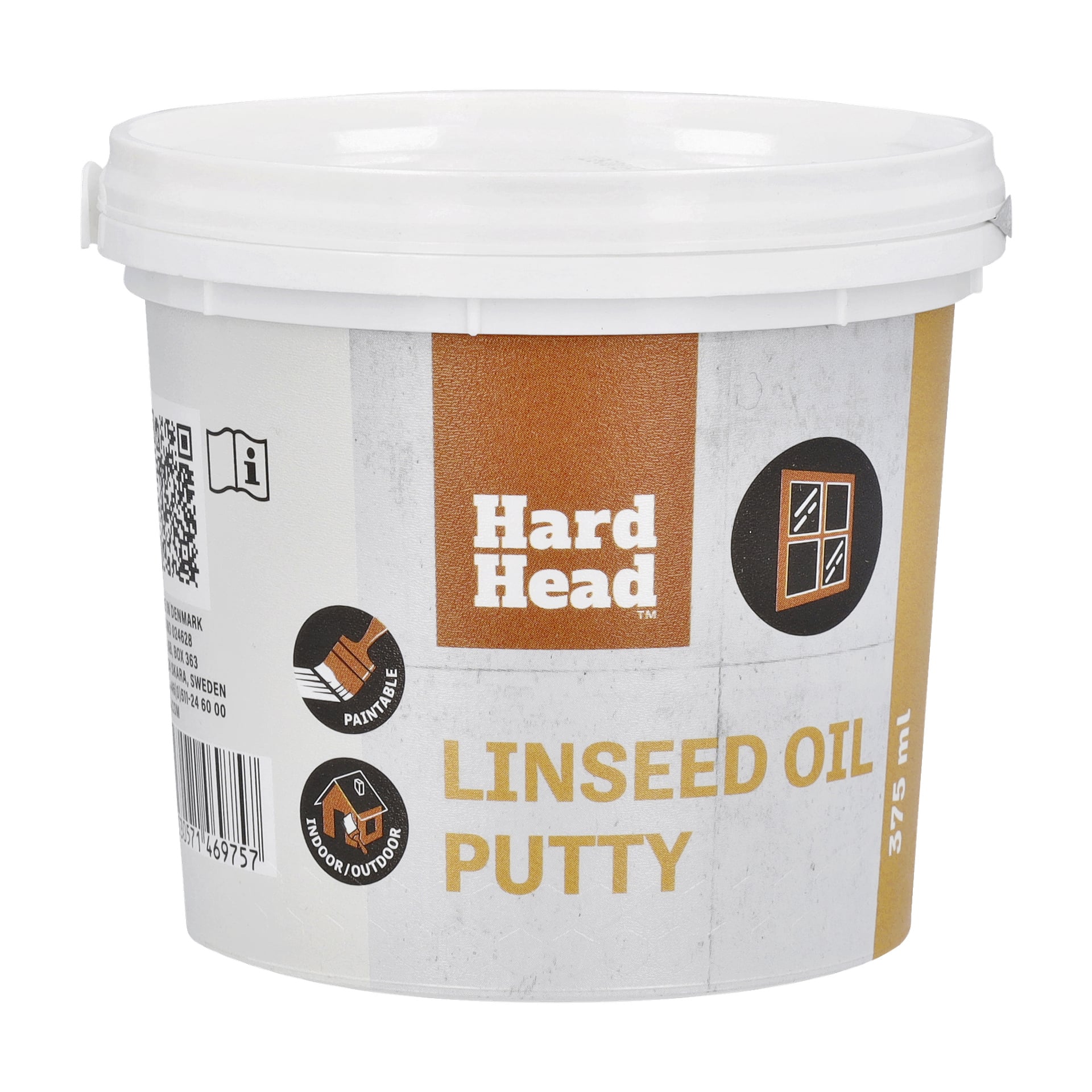 En förseglad vit plastbehållare med Hard Head Linseed Oil Putty (375 ml) visar en orange och vit etikett med symboler som indikerar att den kan målas över och är lämplig för både inomhus- och utomhusbruk.