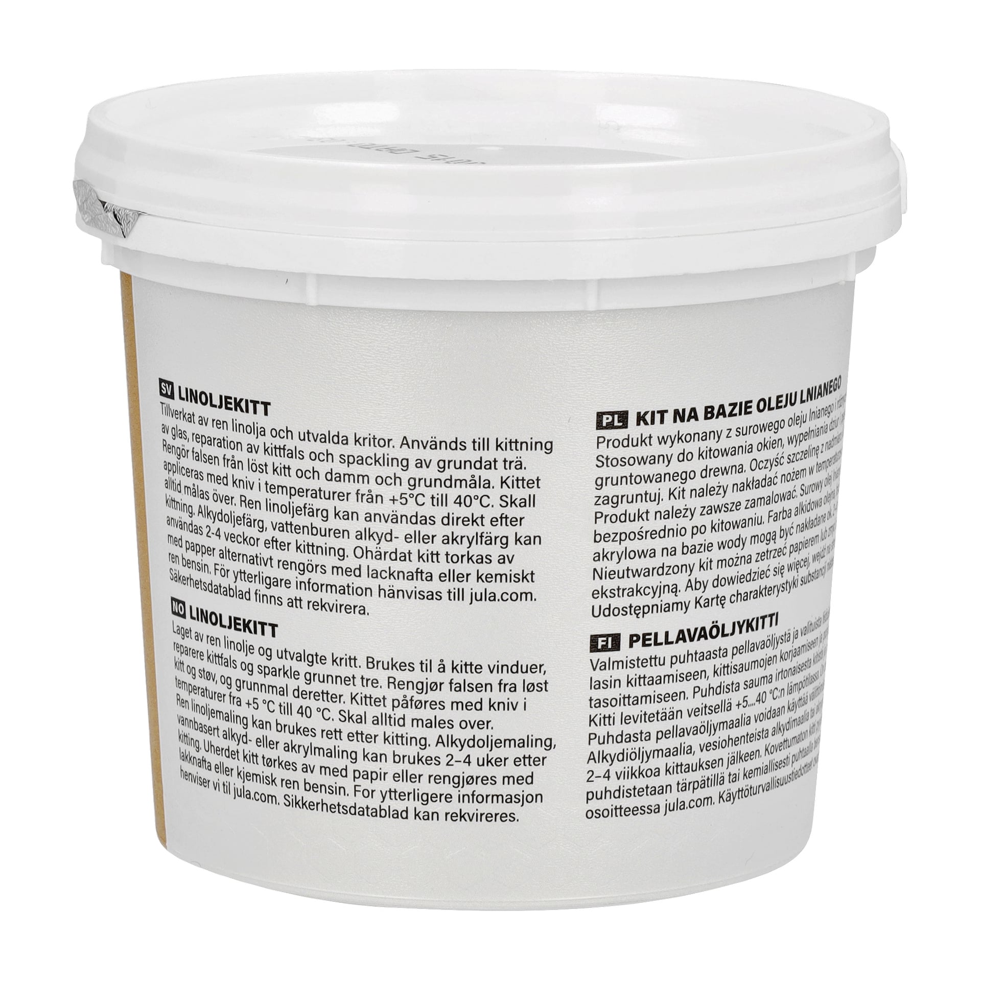 En vit plastburk med lock är märkt med produktdetaljer och instruktioner. Huvudetiketten lyder "LINOLJEKIT" (Linoljespackel) och visar varumärket "Hard Head." Badkaret är vinklat på bilden.
