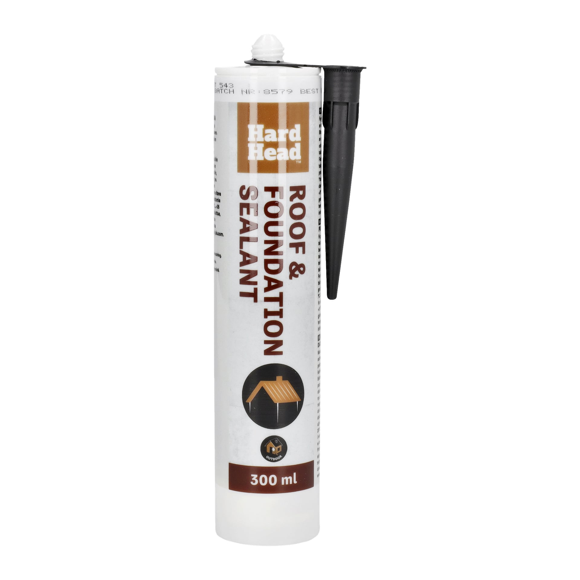 En 300 ml tub med Hard Head Roof and Foundation Sealant med svart munstycke. Dess vita etikett har brun och orange text samt en illustration av ett tak.