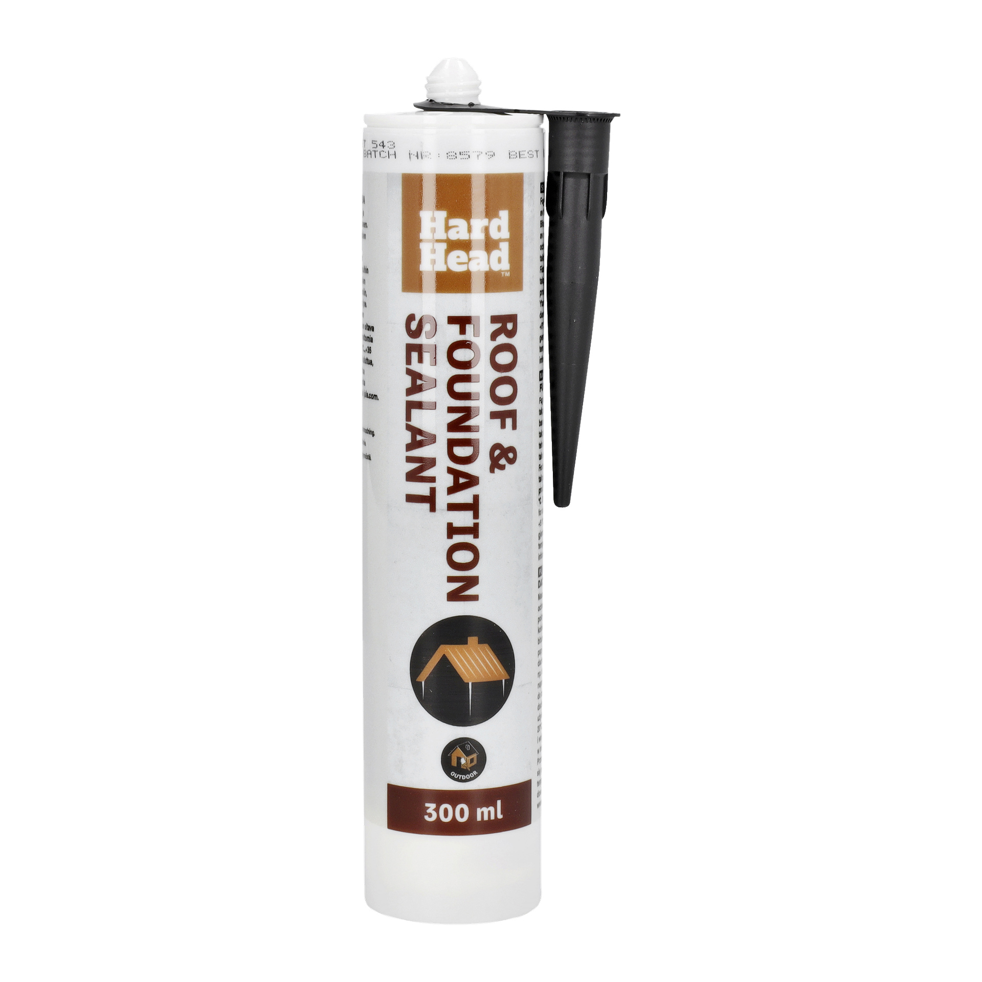 Tubka 300 ml impregnatu Hard Head Roof and Foundation z czarną dyszą. Na białej etykiecie znajduje się brązowy i pomarańczowy napis oraz ilustracja dachu.