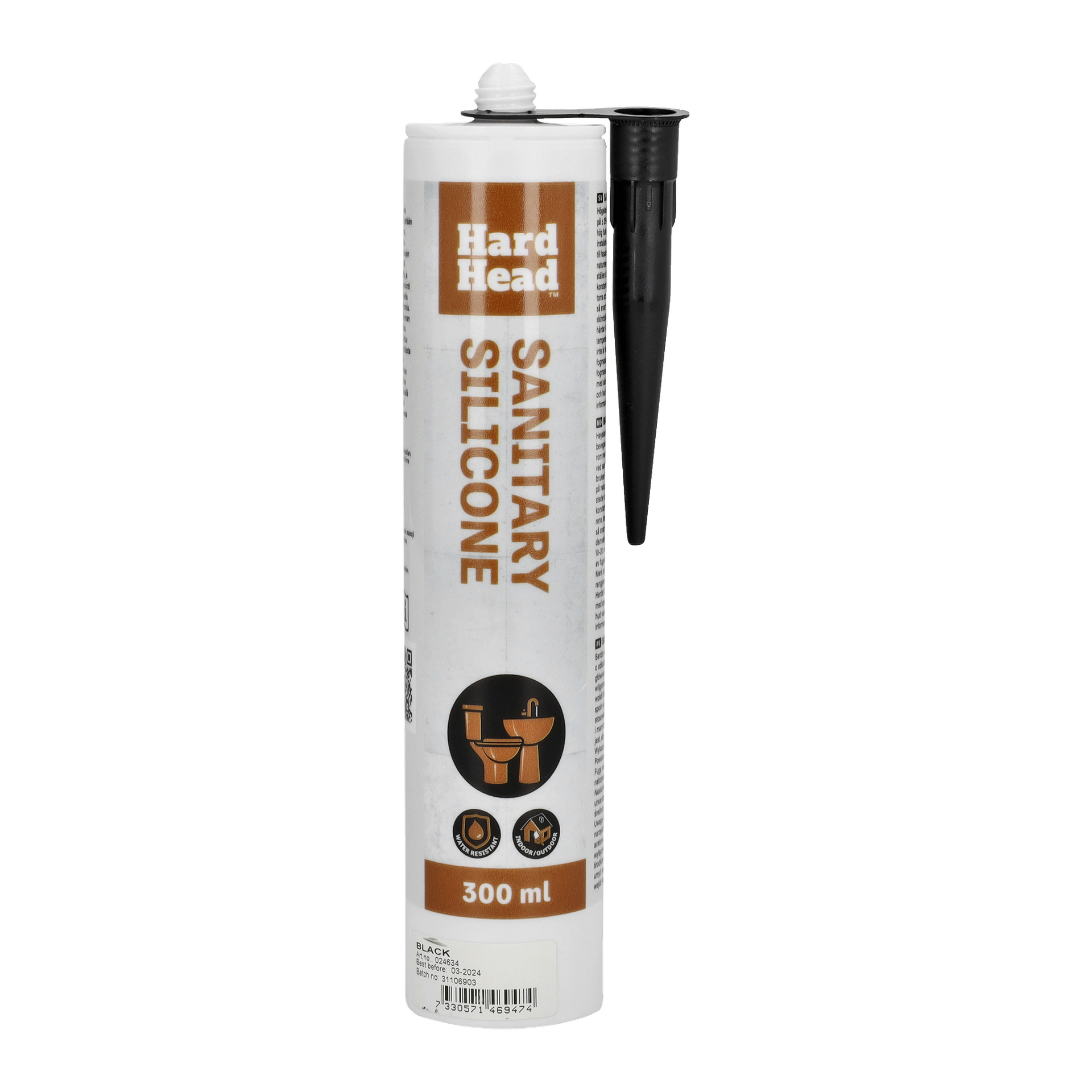 En 300 ml tub Hard Head Sanitary Silicone med svart munstycke visas. Etiketten har orange och svart text och visar ikoner för toalett, handfat och dusch.