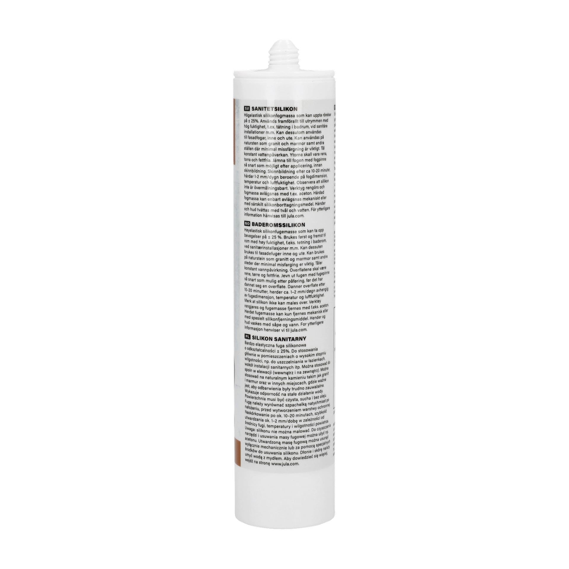 En vit tub av Hard Head Sanitary Silicone med svart text som visar instruktioner och produktdetaljer. Röret har ett gängad munstycke upptill för dosering.