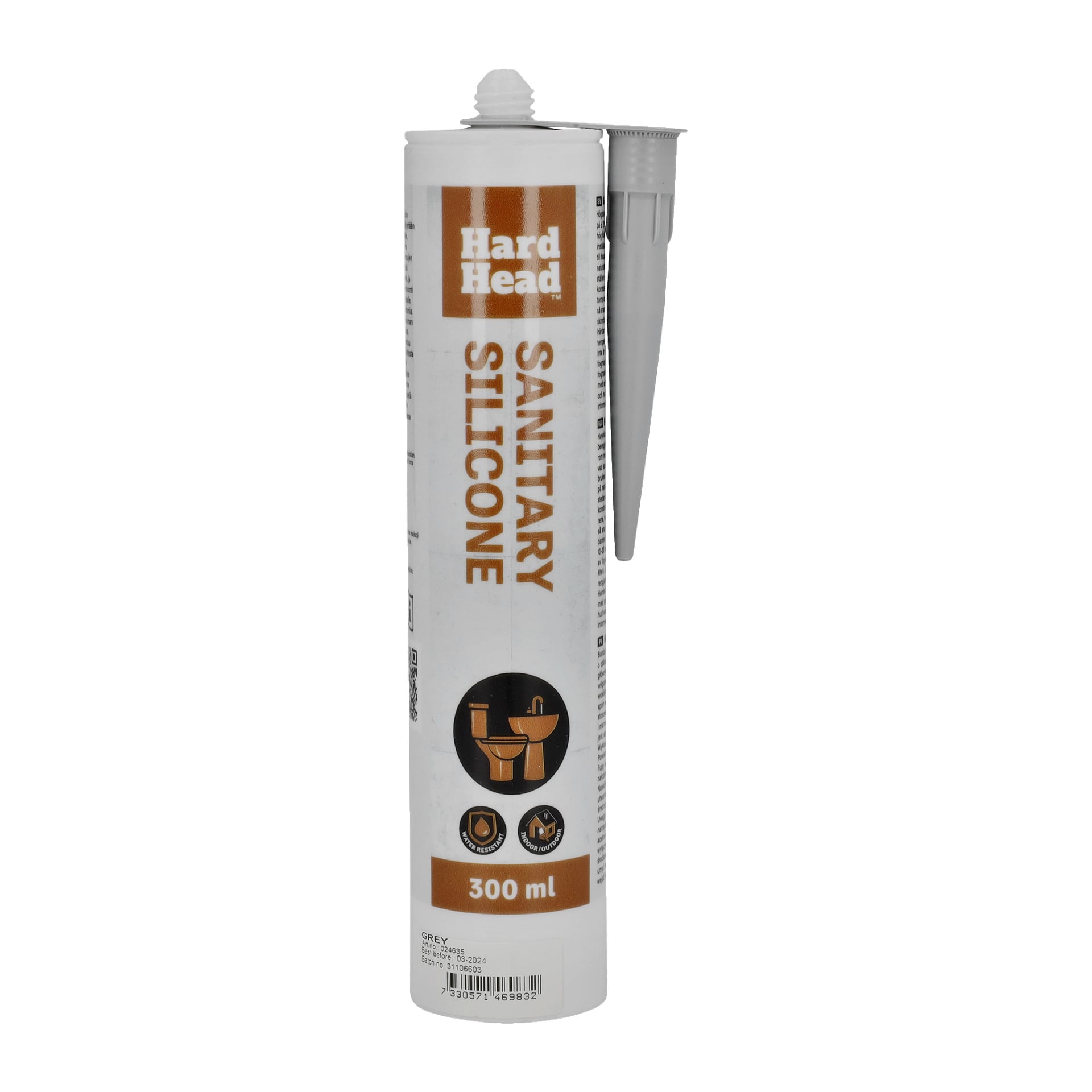 Ett grått 300 ml rör av Hard Head Sanitary Silicone med ett sidospetsmunstycke. Etiketten visar produktdetaljer och innehåller ikoner som visar att den är lämplig för användning i badrum och kök.