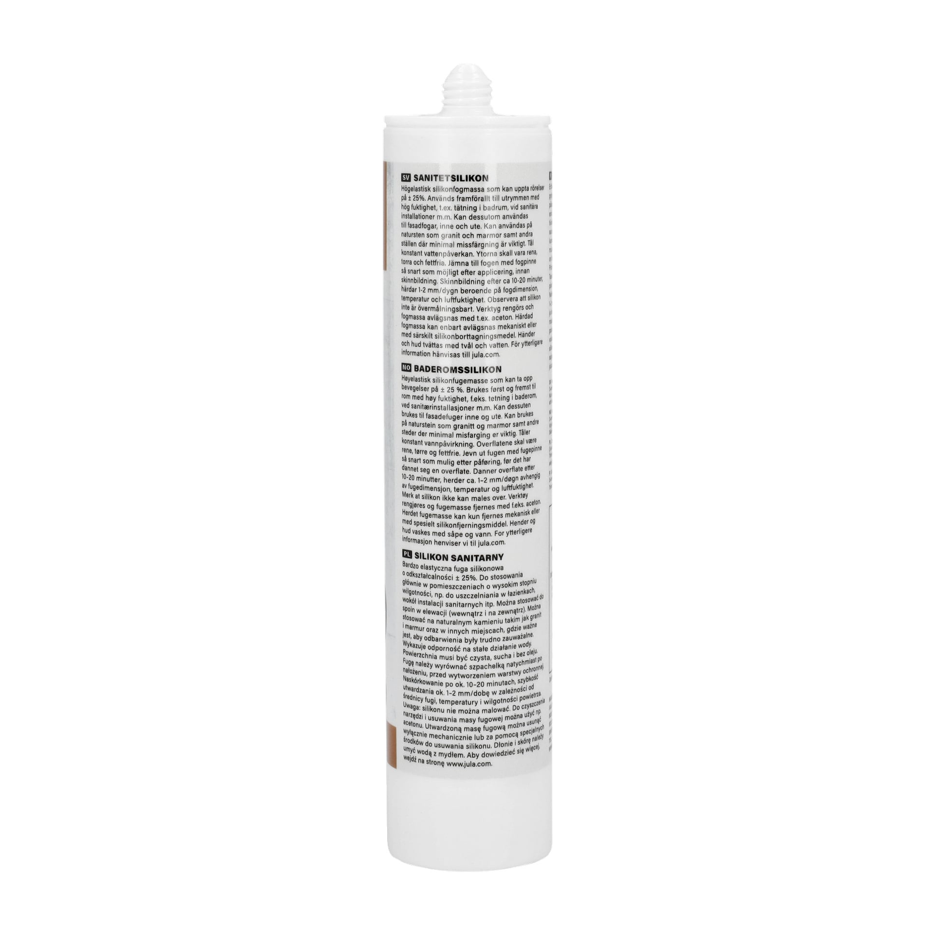 Ett vitt rör av Hard Head Sanitary Silicone med svart text som beskriver dess användning för badrum och sanitära områden. Röret är försett med ett vitt munstycke.