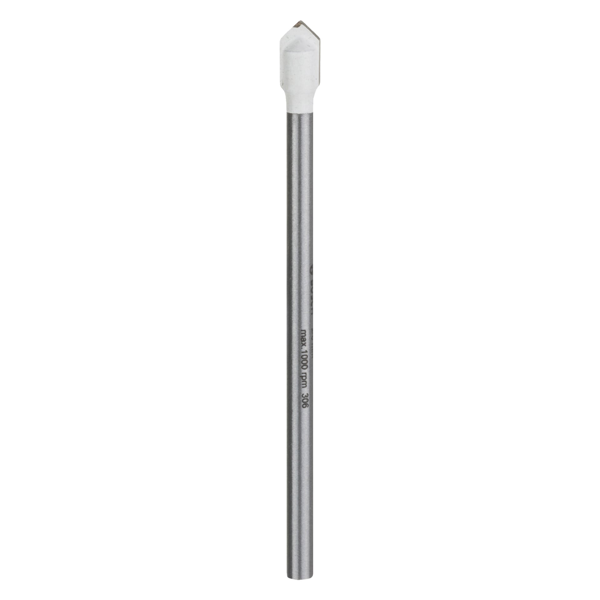 Et Bosch Tile-bor med en metallisk, stanglignende form, som viser en sylindrisk grå skaft og en hvit sekskantet spiss.