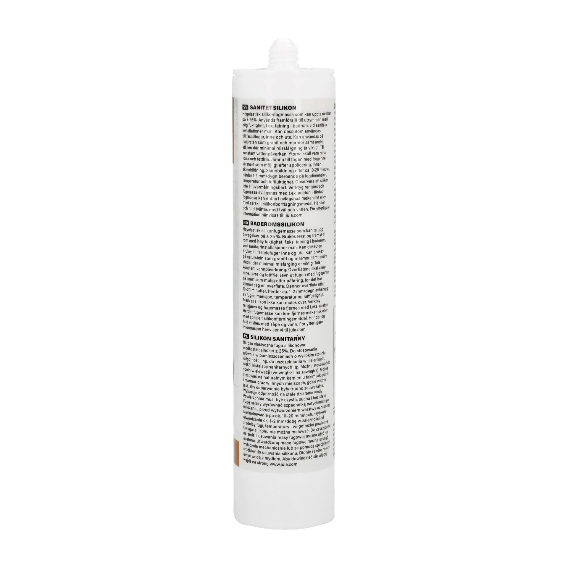 Ett vitt rör med munstycke, märkt "Sanitary Silicone" från Hard Head, står upprätt. Den svarta texten på förpackningen ger instruktioner och produktdetaljer.