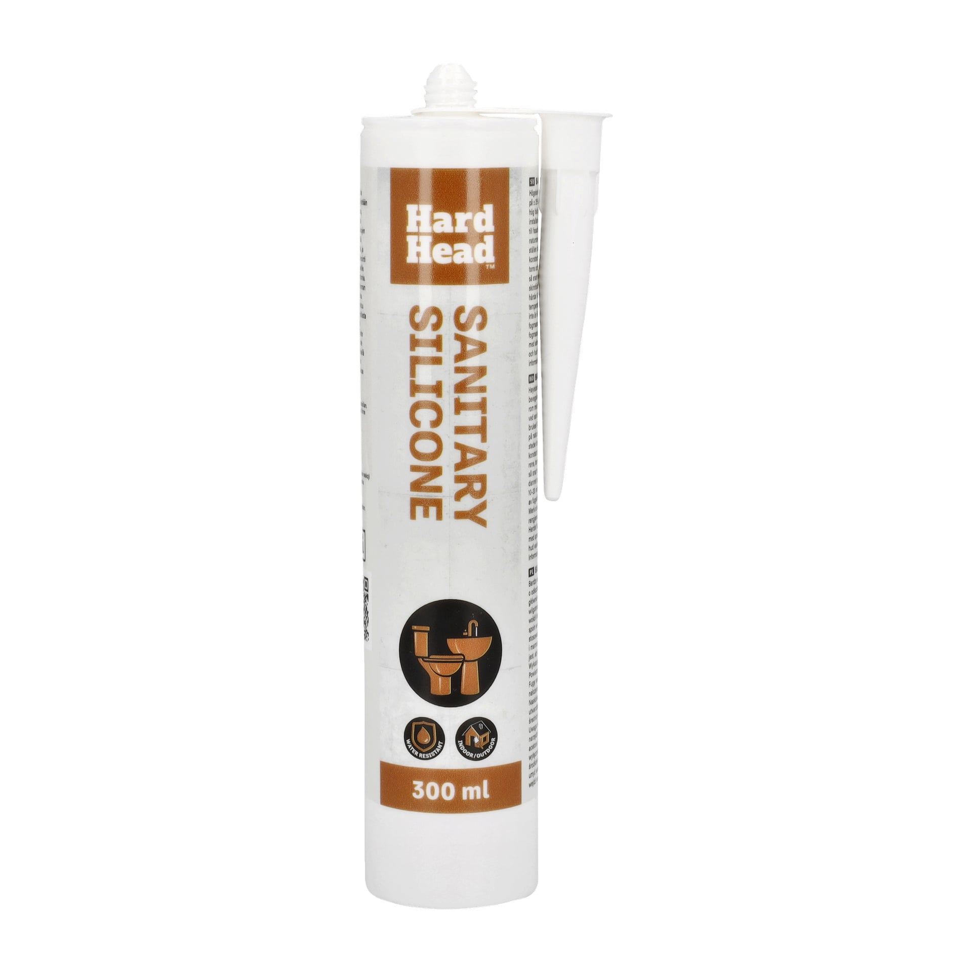 En 300 ml tub Hard Head Sanitary Silicone med ett fast munstycke, avsedd för användning i badrum och kök. Tuben är vit och har bruna och orange etiketter, tillsammans med ikoner som visar handfat och toaletter.
