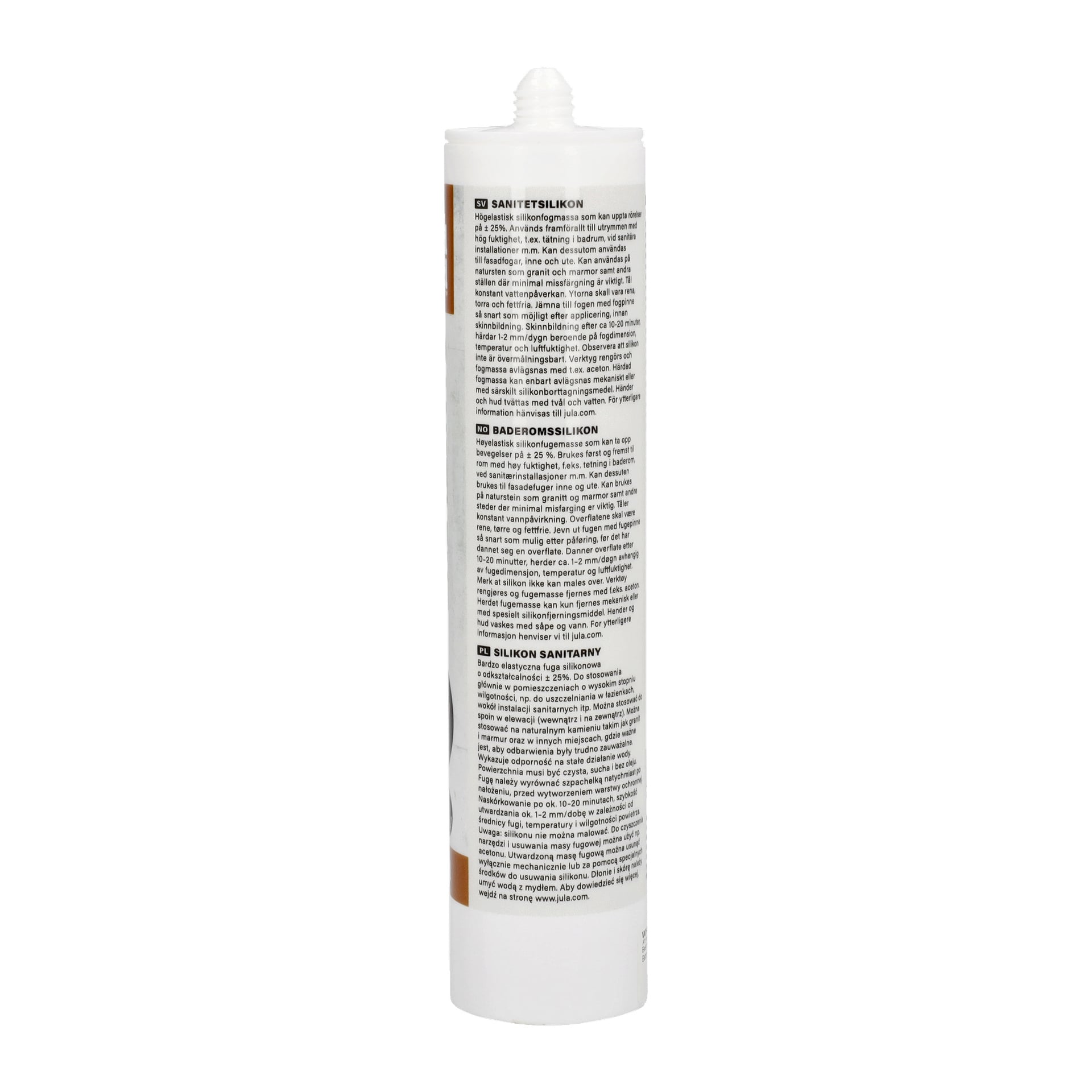 Ett vitt rör av Hard Head Sanitary Silicone står upprätt med ett spetsigt munstycke. Etiketten har svart text med produktinformation och instruktioner på flera språk, inklusive flera rubriker.