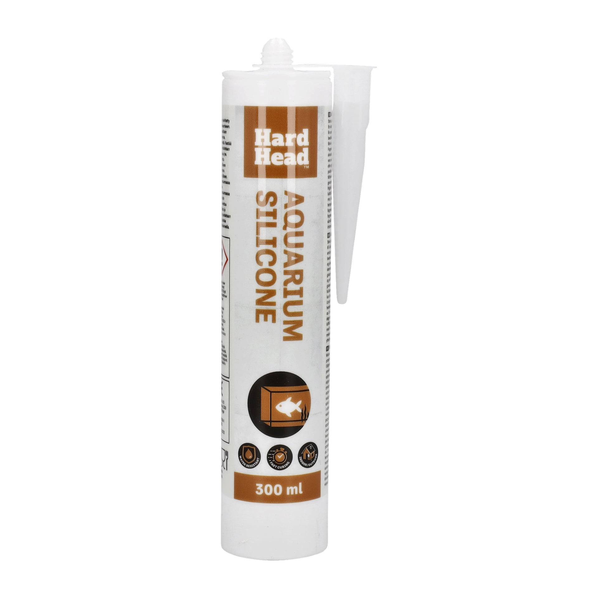 En 300 ml tub Hard Head Aquarium Silicone med ett fast munstycke. Den vita och orange etiketten visar Hard Head-logotypen, tillsammans med olika ikoner och information som indikerar att produkten är avsedd för akvarieanvändning.