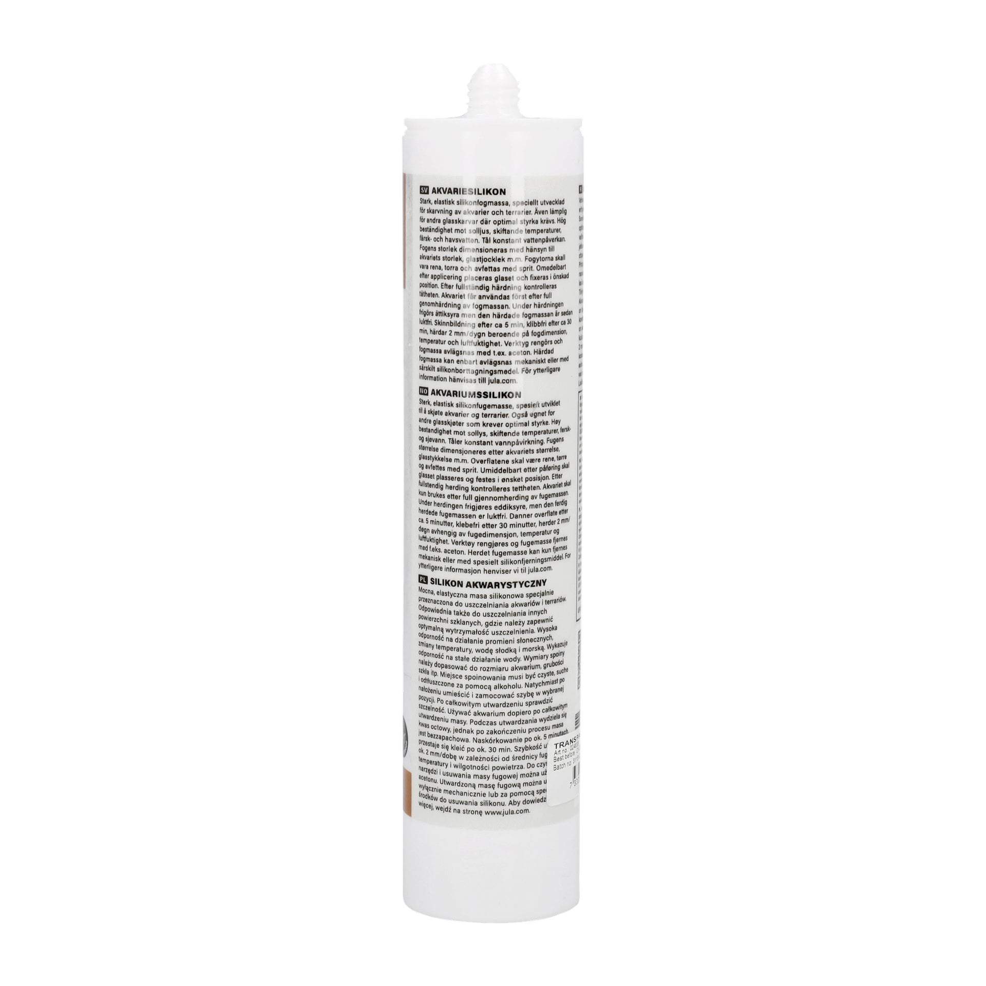 Ett högt vitt rör med munstycke, märkt "Hard Head Aquarium silicone", visar fetstilta rubriker och flera stycken svart produktinformation på etiketten.