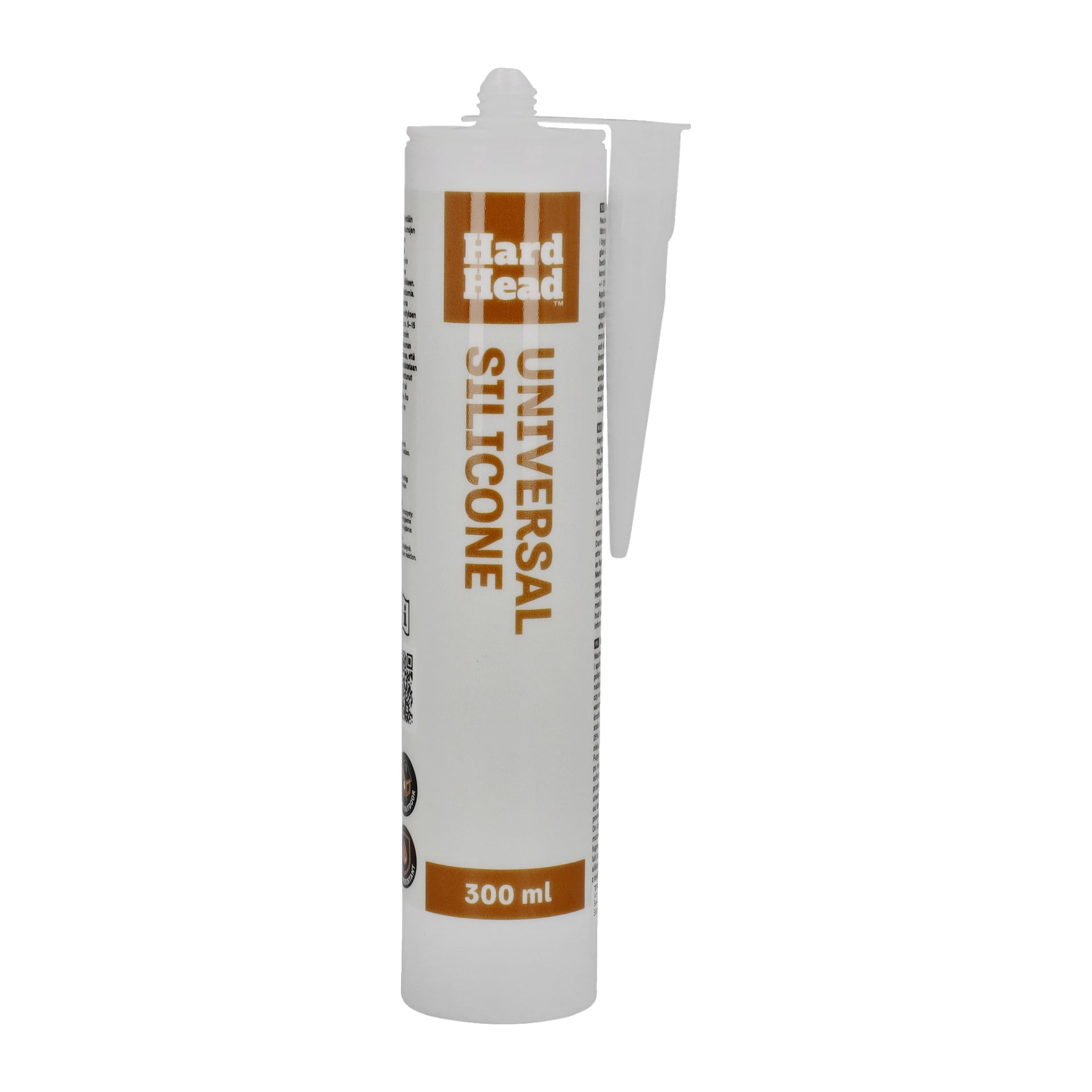 Ett 300 ml Hard Head Universal-silikonrör står upprätt med munstycket fäst. Det vita röret har orange och vita etiketter med "Universal silicone" och Hard Head-märket.