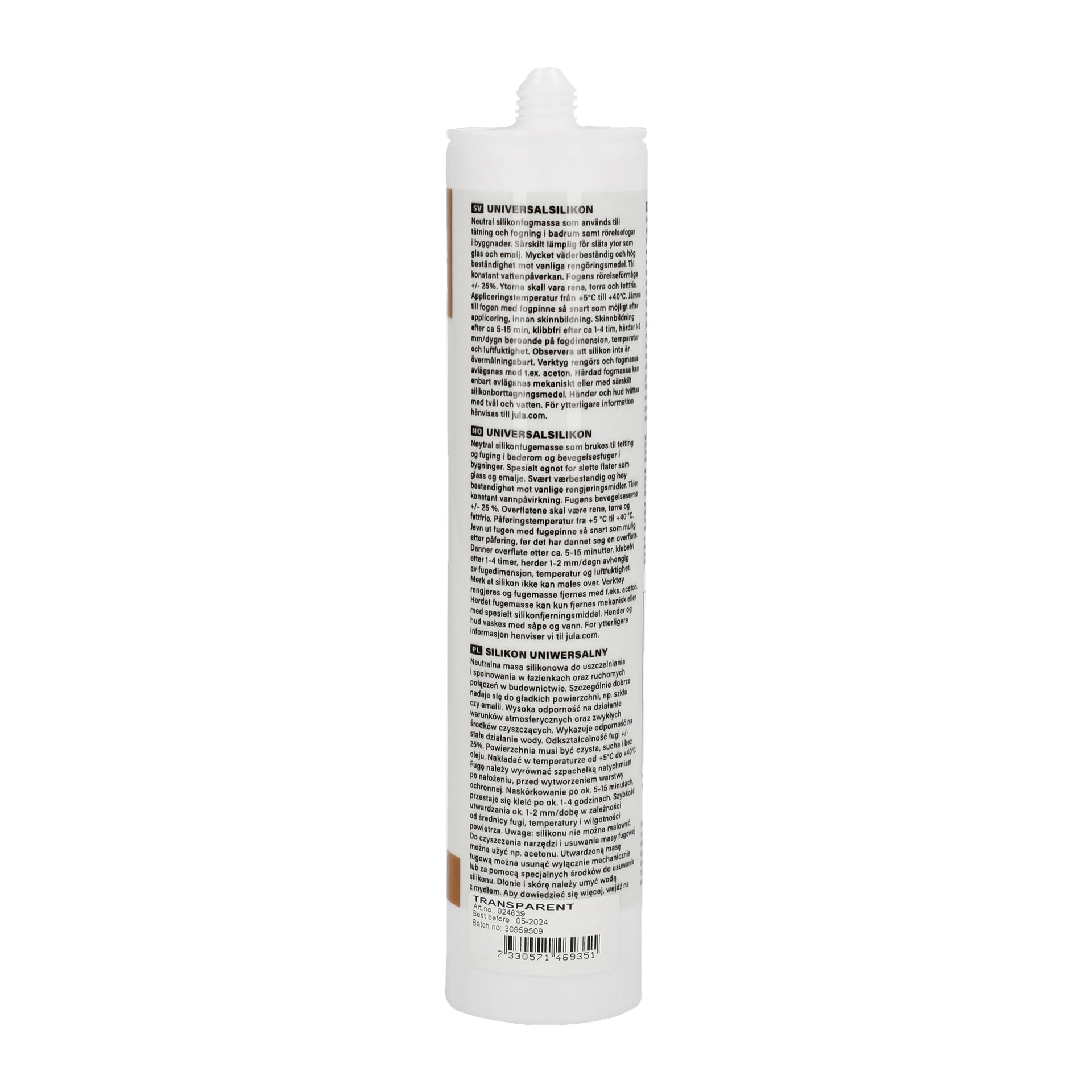 Ett vitt rör med ett munstycke märkt "Universal silicone" från Hard Head. Tuben innehåller naturlig silikon för tätning och limning, och etiketten innehåller instruktioner och produktinformation.