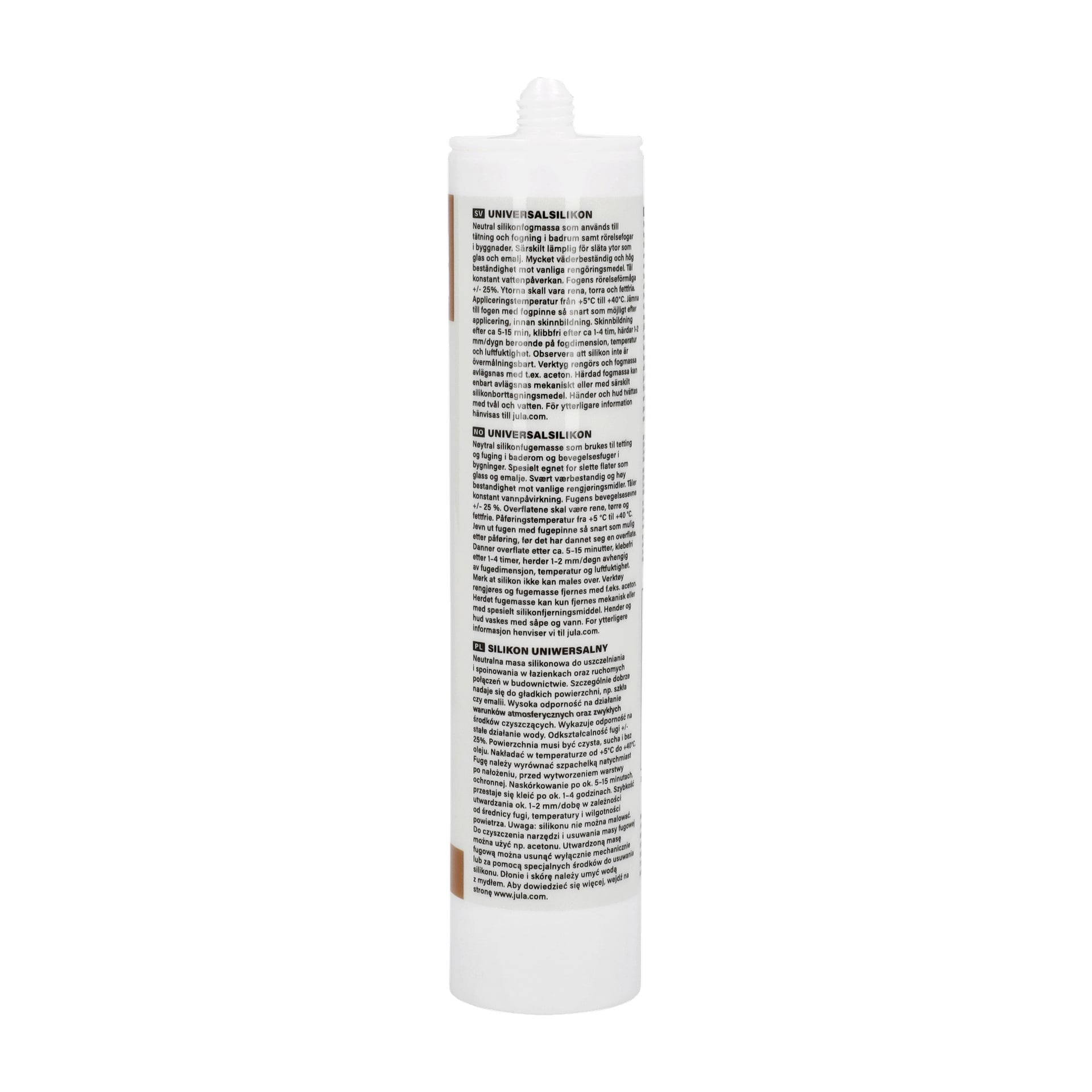 Ett vitt rör med munstycke, märkt "Hard Head" och märkt "Universal silicone", har produktinformation och användningsanvisningar i svart text på framsidan.