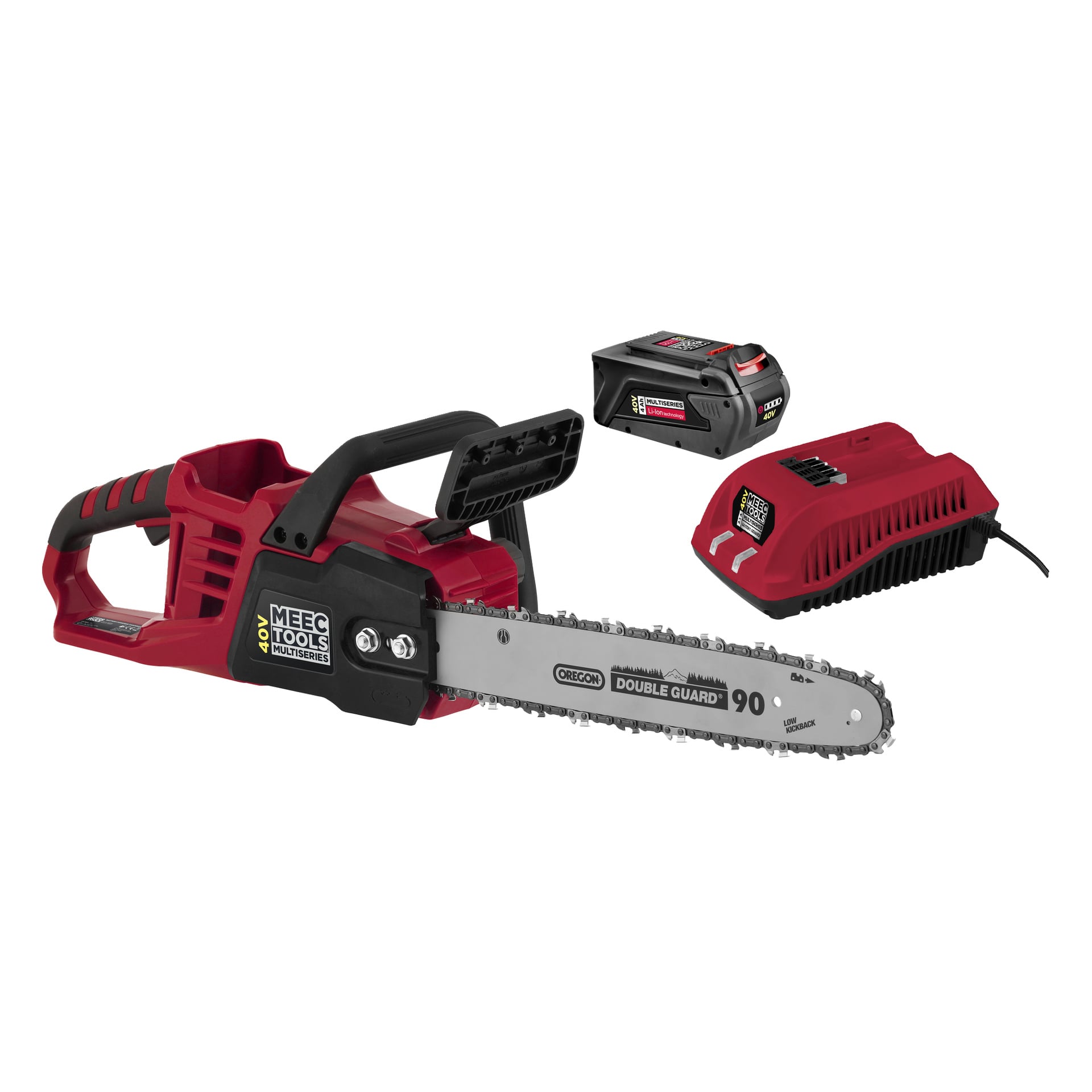 En Meec Tools Multiseries 40 V sladdlös motorsåg med rött hölje, svart ergonomiskt handtag, silverblad märkt "Oregon Double Guard 90", avtagbart batteripaket och en matchande röd laddningsenhet.