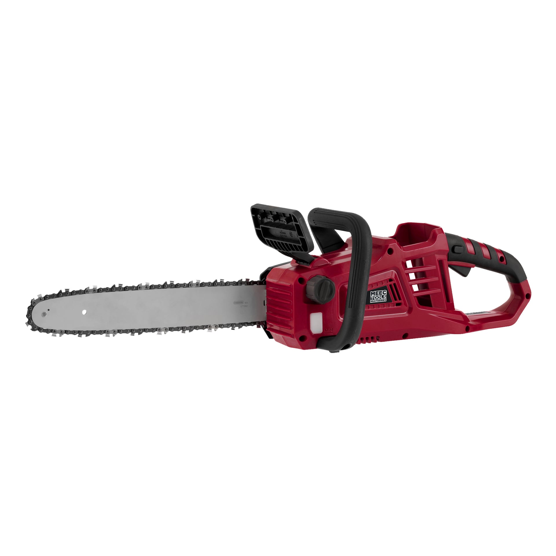 En röd och svart batteridriven motorsåg med ett framträdande blad, framhandskydd och sidohandtag, med Meec Tools Multiseries 40 V-märkningen.