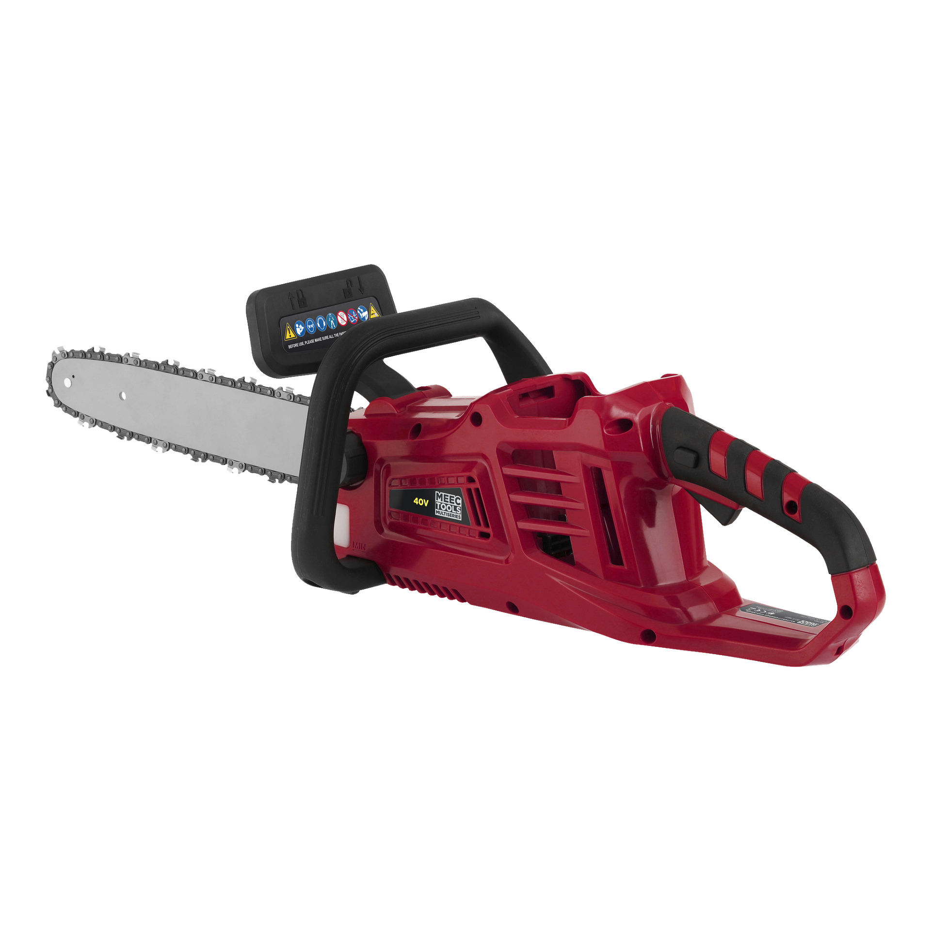 En Meec Tools Multiseries 40 V batteridriven motorsåg med röd och svart färgschema och ett silverfärgat kedjeblad. Designen har ett handtag, skyddsskydd och ett uppladdningsbart batteri monterat på baksidan.