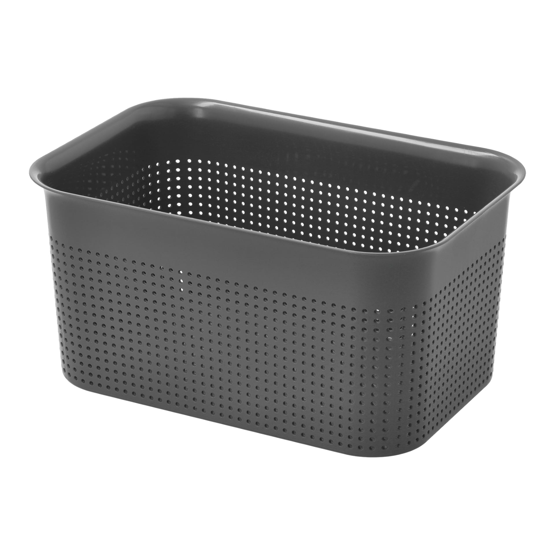 Hard Head Storage-kurven er en mørkegrå rektangulær organizer laget av plast, med avrundede hjørner og perforerte hull langs sidene. Den er tom og egnet for å organisere eller lagre ulike ting.