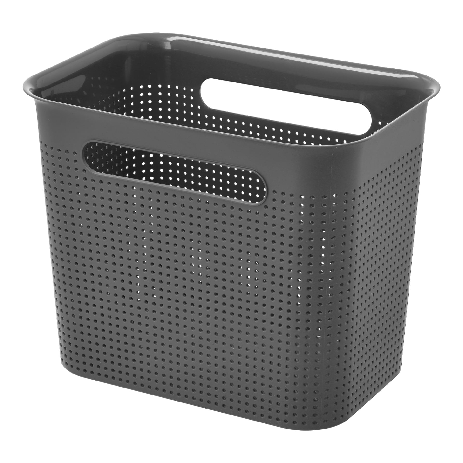 Svart rektangulær plastkurv fra Hard Head med gitterlignende perforeringer på sidene for luftstrøm eller drenering, og to ovale håndtak integrert i hver langside.