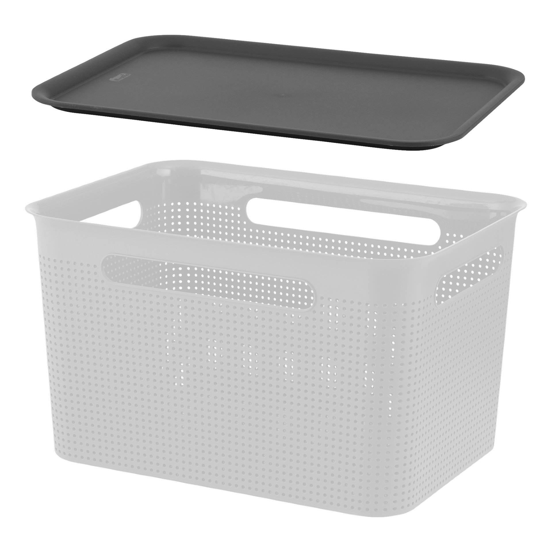 Et solid svart rektangulært plastlokk fra Hard Head hviler oppå en klar oppbevaringskurv med perforeringer og utskårne håndtak på hver side.