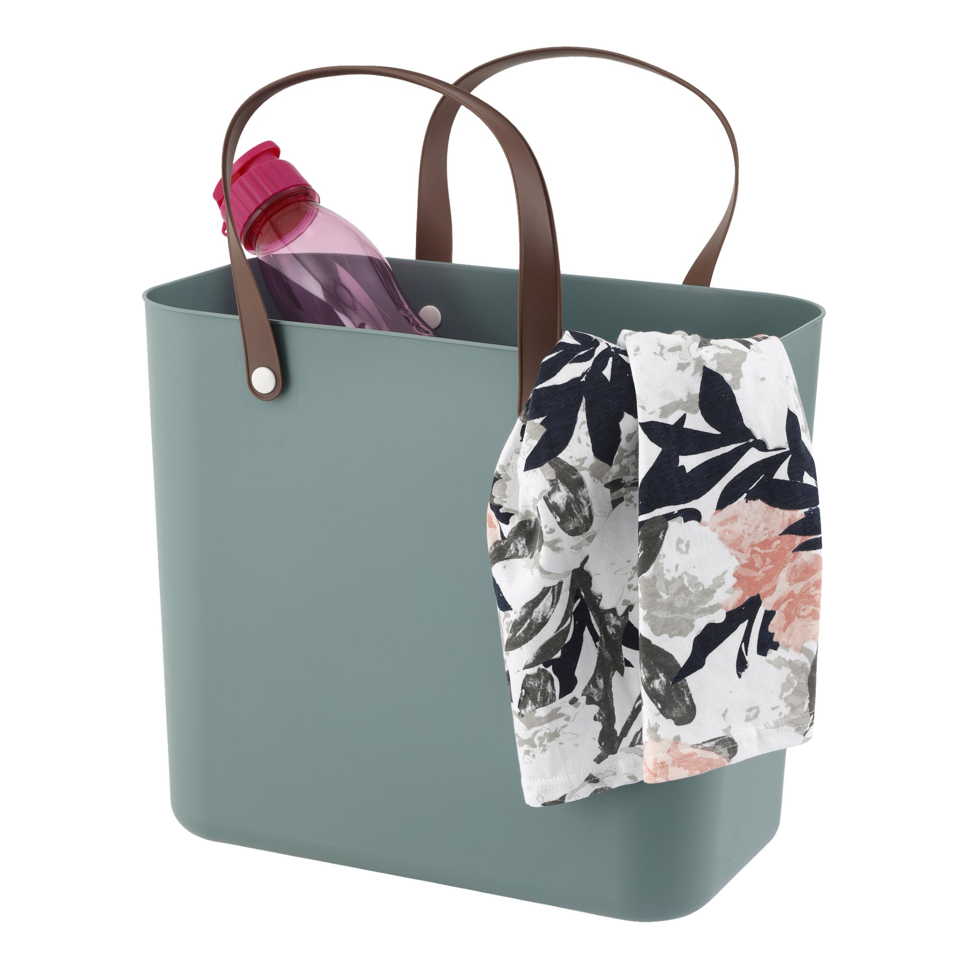 Szara torba Hard Head Shopping z brązowymi uchwytami zawiera różową butelkę z wodą i białą, kwiatową szmatkę przewieszoną na bok.
