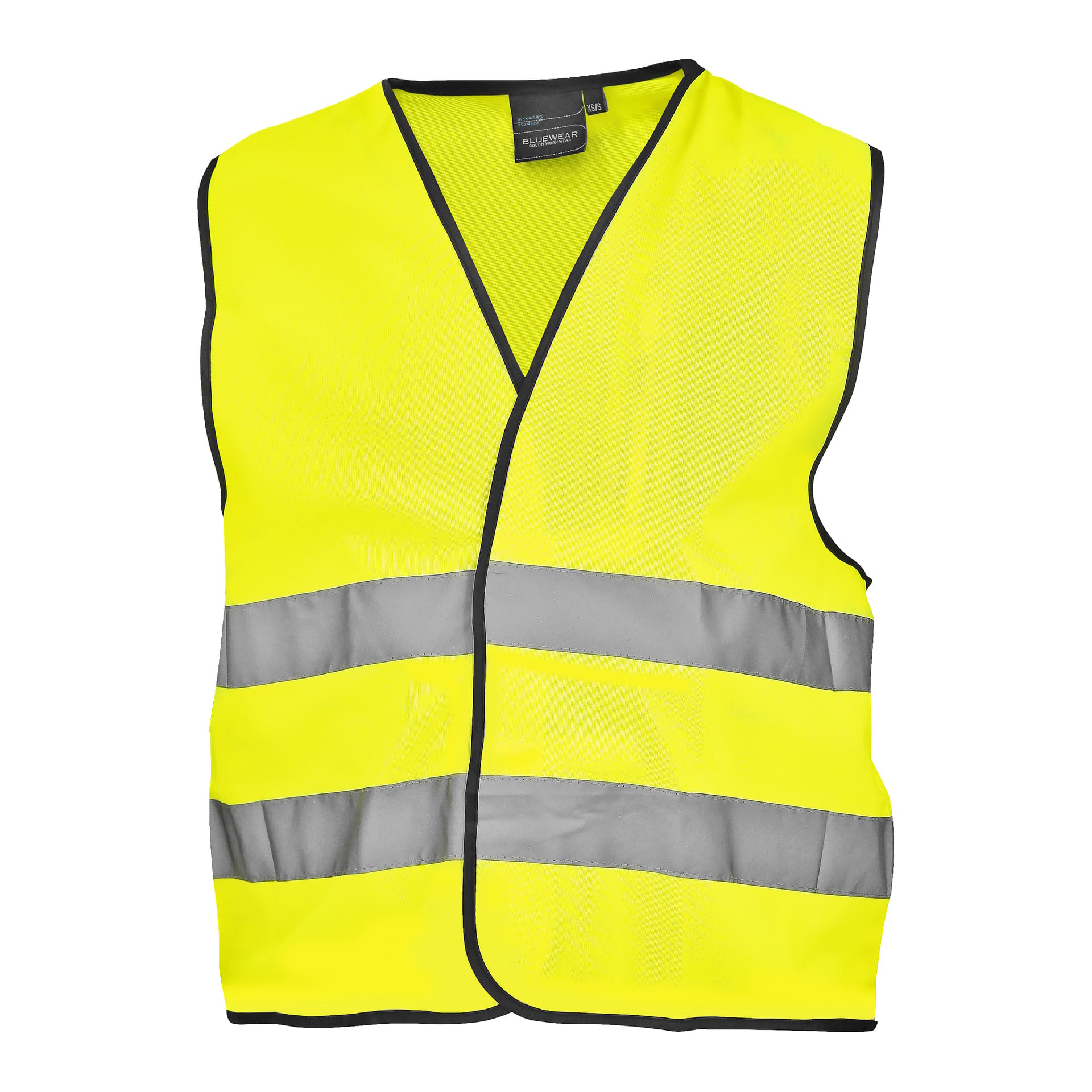 Bluewear Reflective tabard to bezrękawnikowa żółta kamizelka ochronna z dwoma poziomymi srebrnymi paskami i czarnym obwódką, pokazywana na płasko.