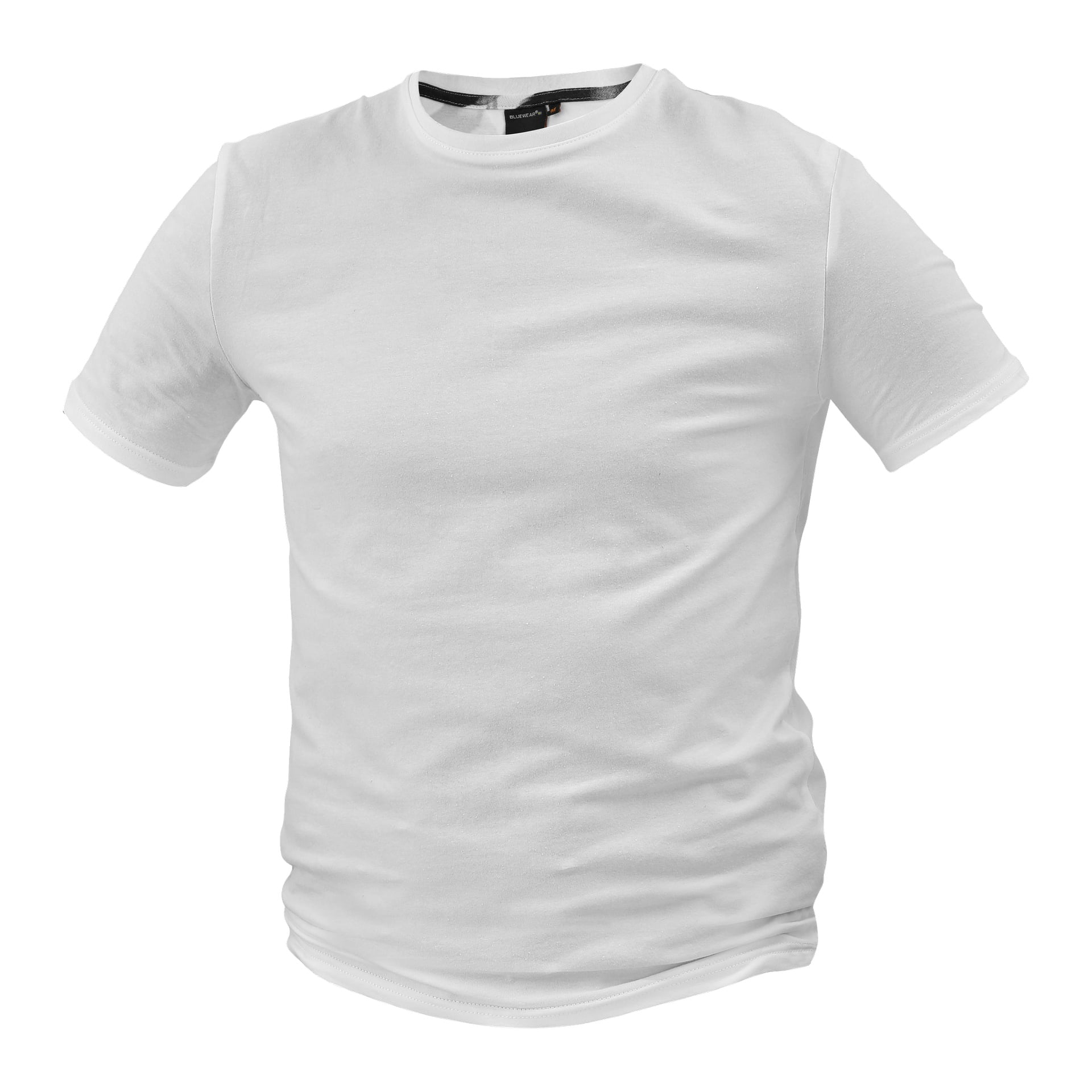 Bluewear Pro Workwear herr-T-shirt har en enkel vit design med korta ärmar, en crew ringning, subtila veck och en svart etikett på insidan av kragen.