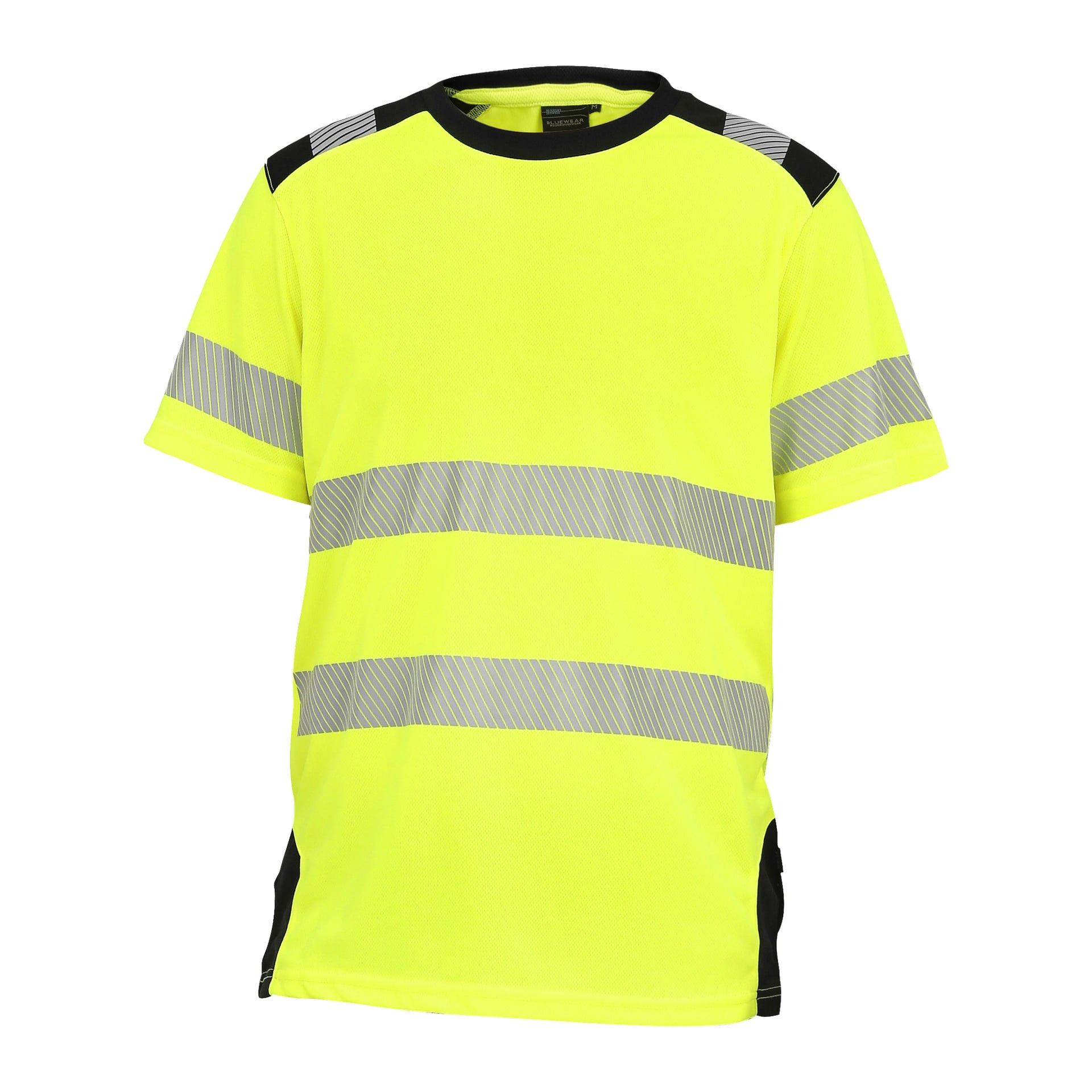 En Bluewear kortärmad högvarv i neongult material, designad med två horisontella reflekterande band runt bålen och ett extra reflekterande band på varje ärm. Svarta detaljer syns på kragen och längs sidorna.