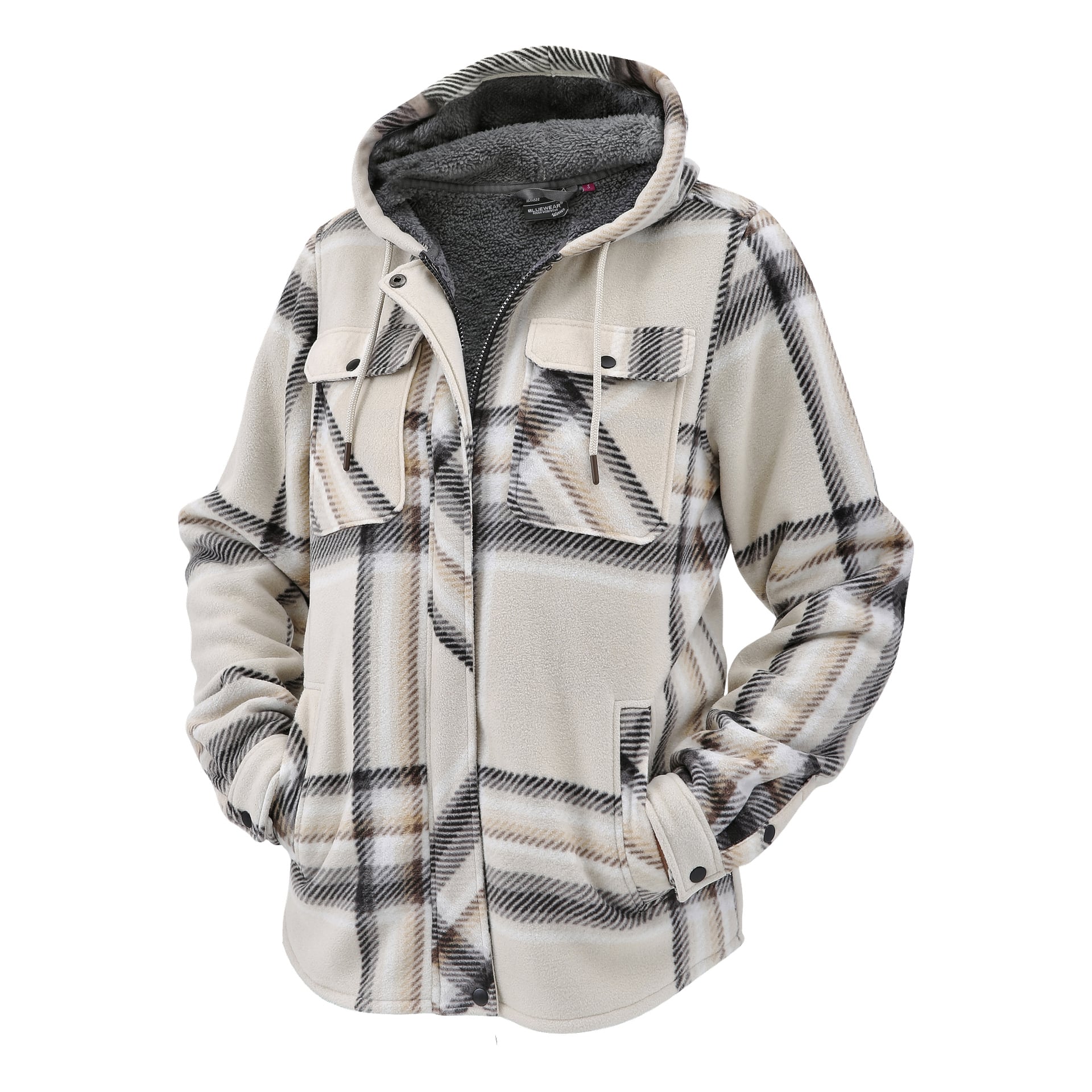 Bluewear Woman's Milly fleecejacka har en beige, svart och brun rutig design. Den har huva, flikfickor på bröstet, sidofickor, knappstängning framtill och ett mjukt texturerat foder inuti.