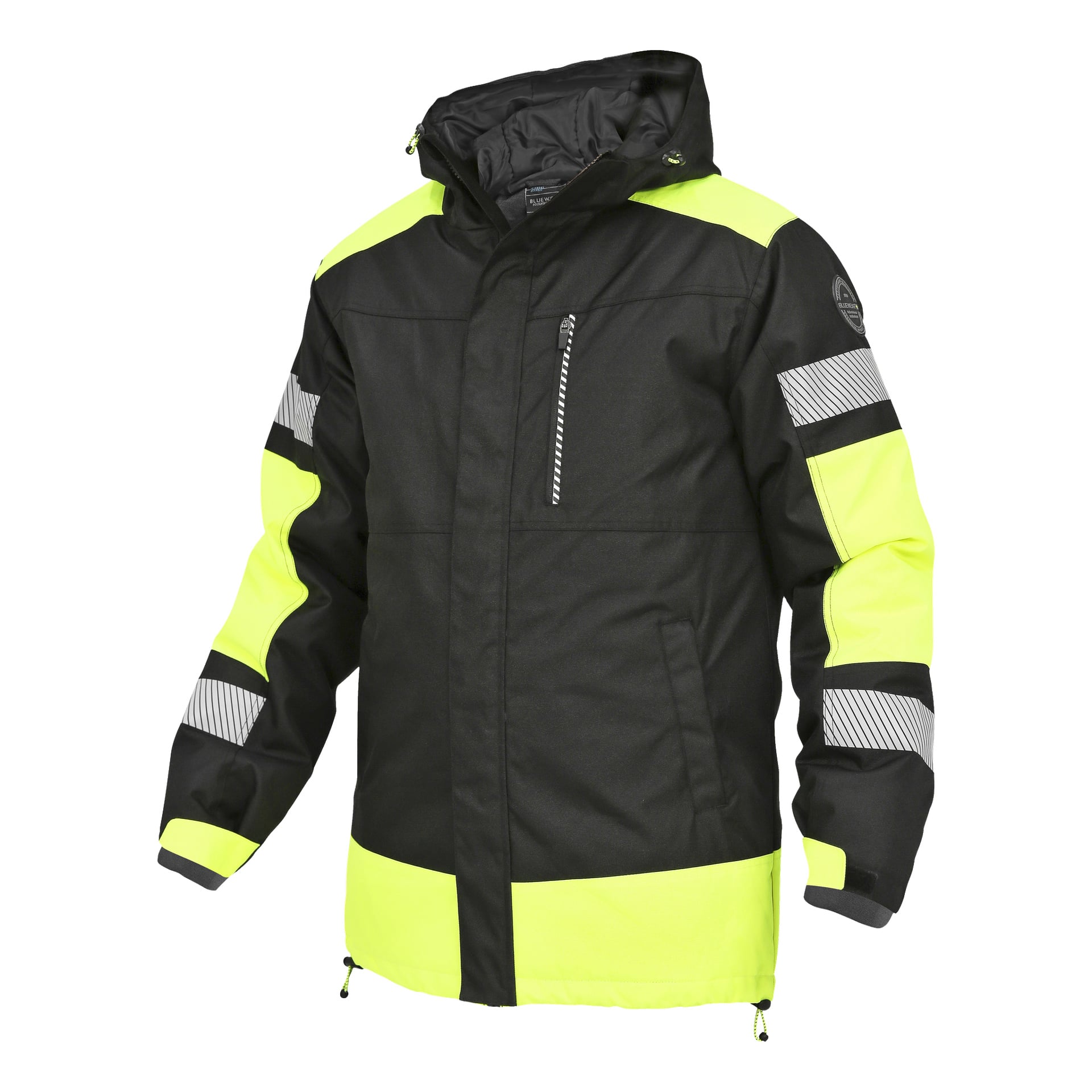 En svart Bluewear-parkas med klara gula paneler på axlar, armar och nedre del. Den har silverfärgade reflekterande ränder längs ärmarna, en dragkedja fram, en bröstficka, en huva och en justerbar fåll.