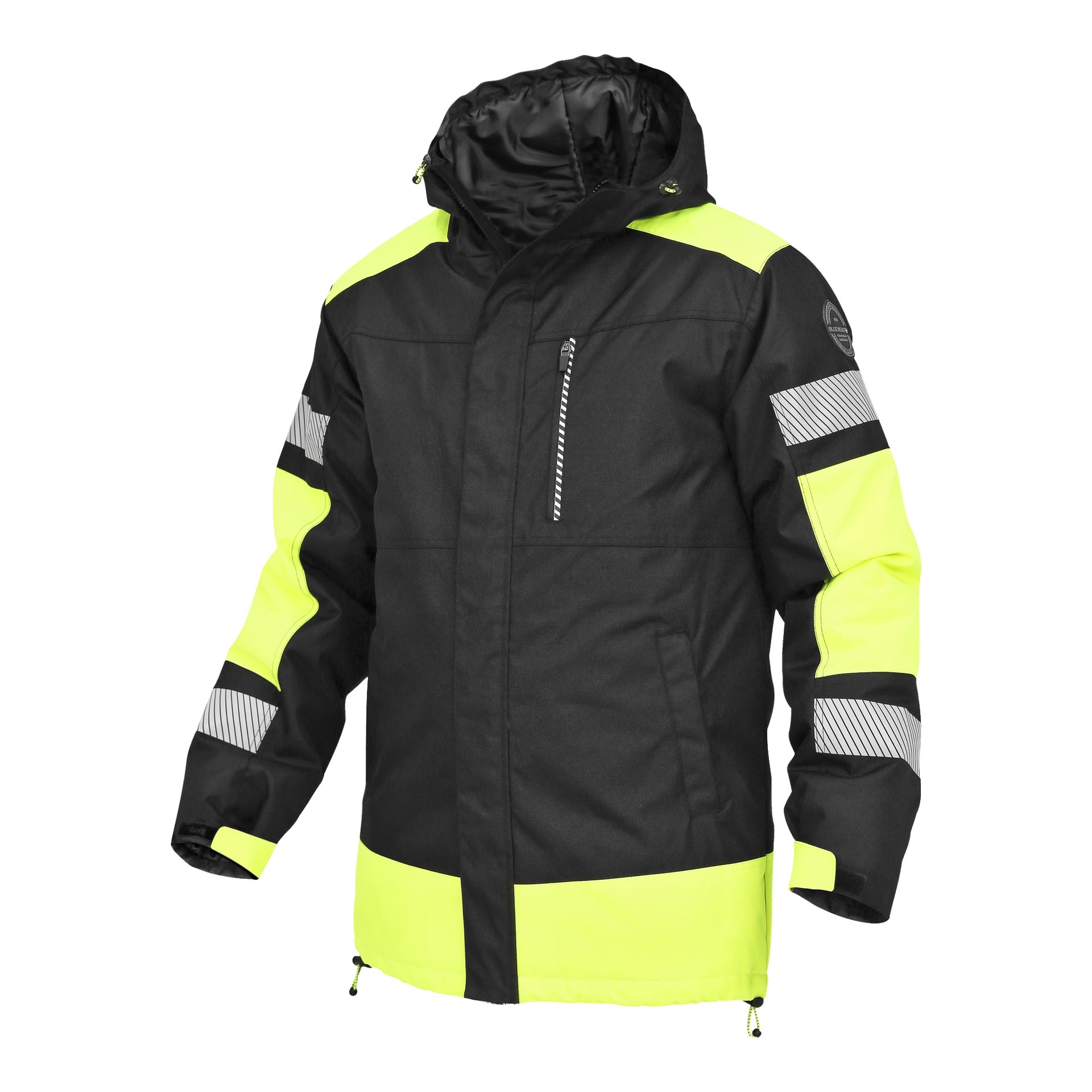 Bluewear Parka är en svart jacka med klargula detaljer på axlarna, nedre ärmarna och fållen. Den har reflekterande grå ränder på överarmar och underarmar, har huva och en bröstficka som hålls fast med en vertikal dragkedja.
