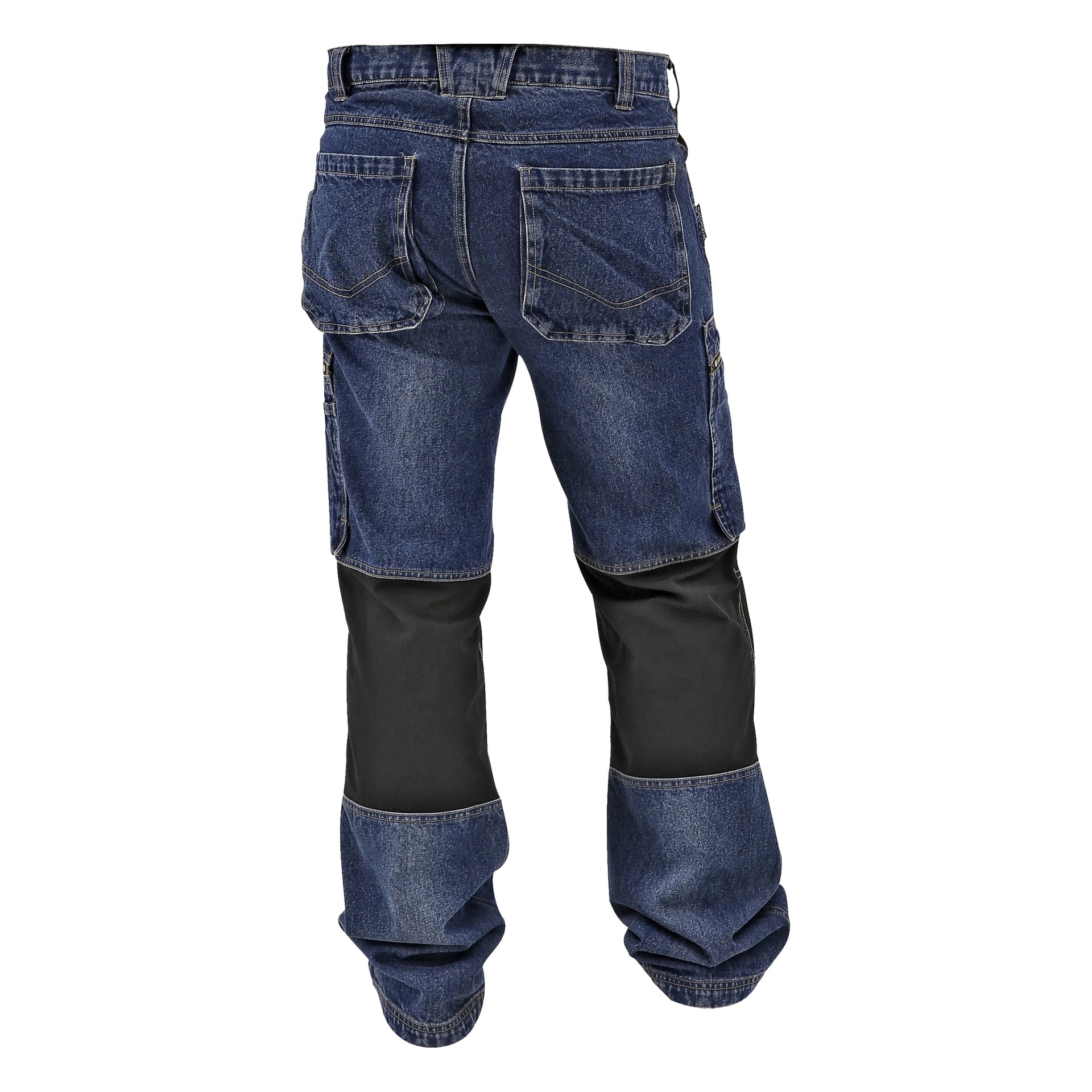 Bluewear herrservicebyxor av blå denim visas bakifrån och framhäver flera fickor, dubbelbroderade sömmar och svarta förstärkta paneler över knäna.