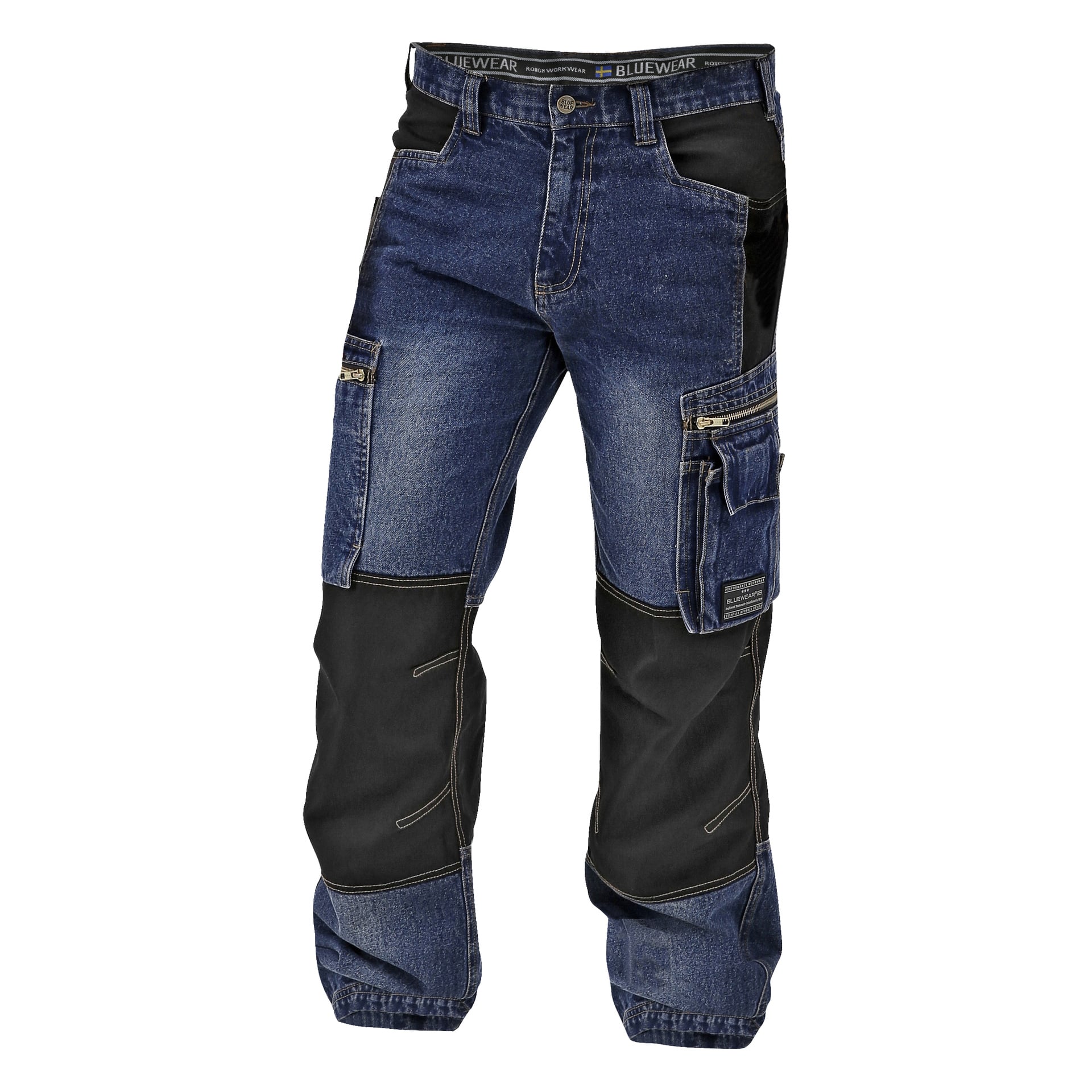 Bluewear herrbyxor gjorda av blå denim, designade med svarta förstärkta lappar på knäna, flera fickor och en verktygsficka på höger lår.