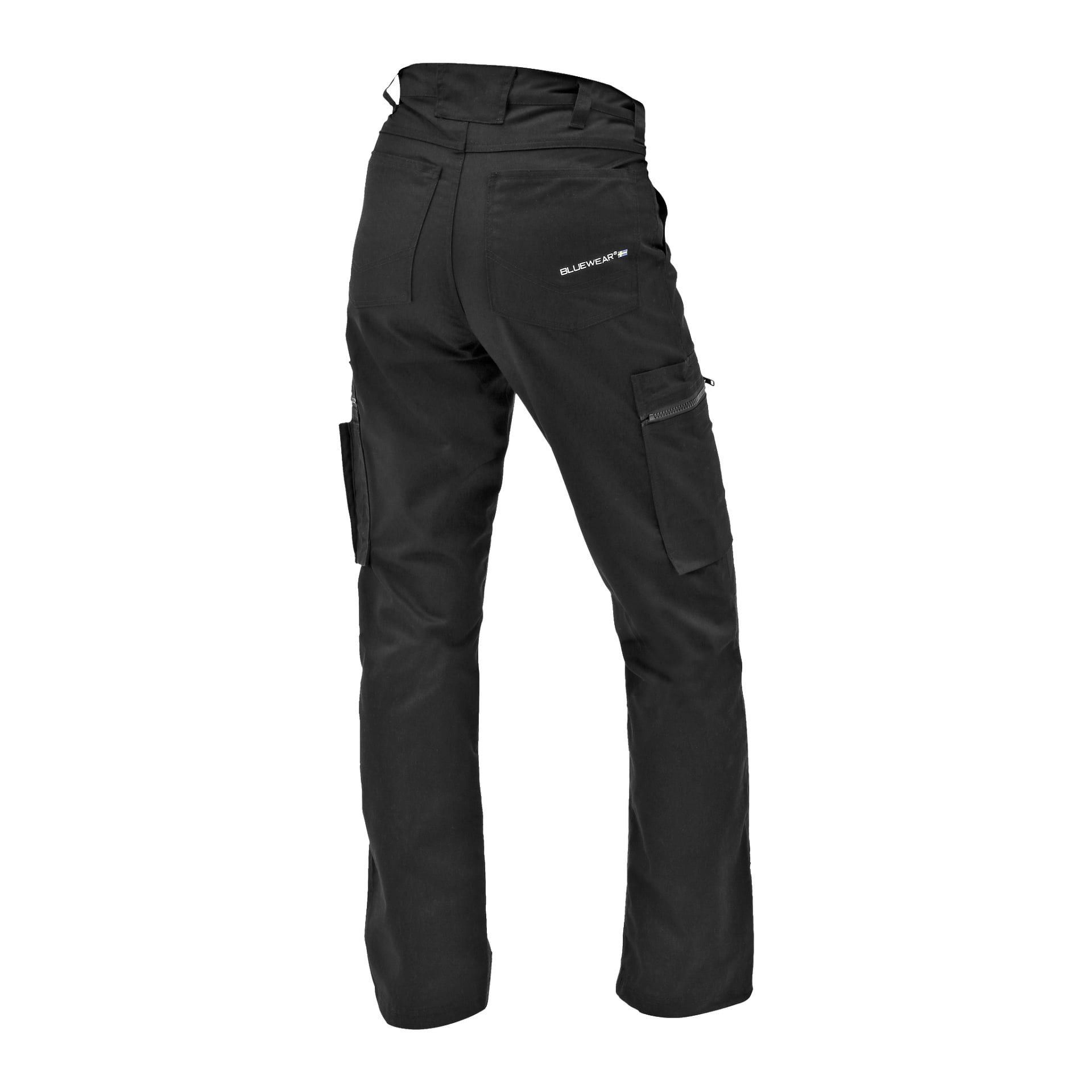 Damen-Servicehosen von Bluewear wurden von hinten präsentiert und hatten mehrere Taschen wie eine Reißverschlusstasche und eine seitliche Werkzeugtasche, Gürtelschlaufen und das Markenlogo über der rechten Gesäßtasche.