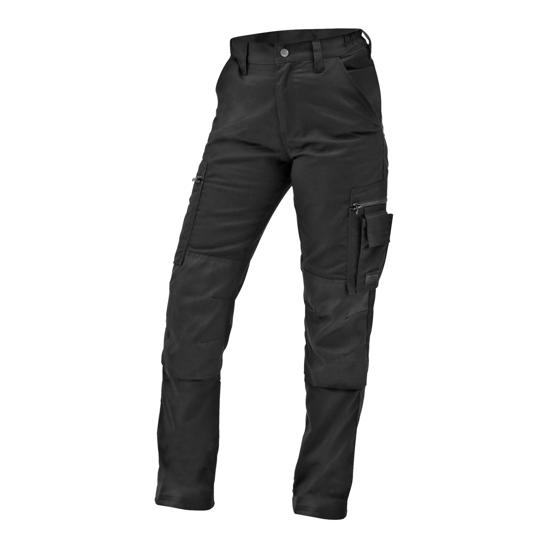 Bluewear Damen-Servicehosen in Schwarz mit mehreren Taschen, darunter Seitentaschen mit Reißverschluss und Oberschenkeltaschen mit Klappen.