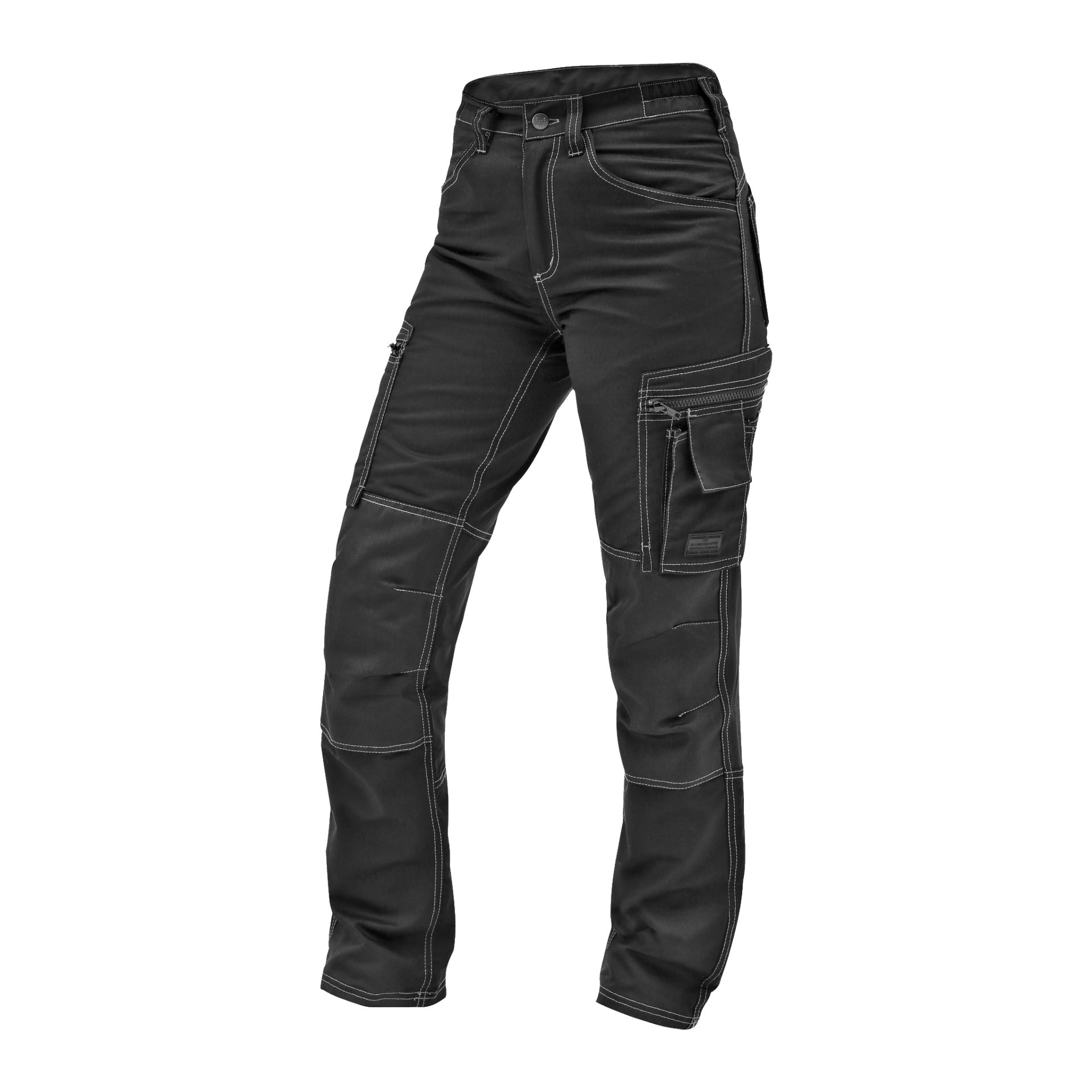 Damen-Arbeitshosen von Bluewear in Schwarz mit mehreren Taschen, verstärkten Knien, weißen Nähten und einem Dichtbundverschluss.