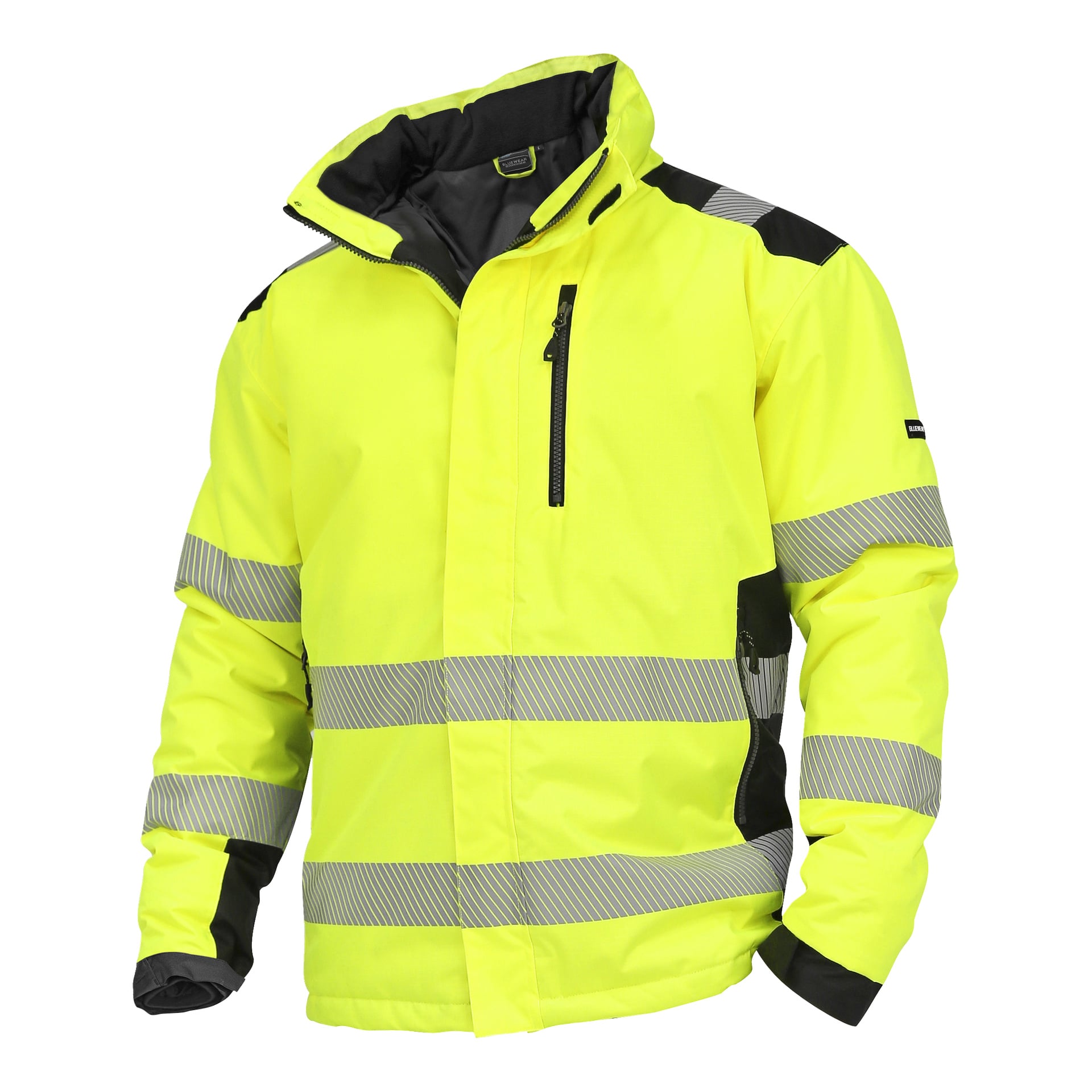 Die Bluewear Warm Lined Hi-Vis-Jacke ist leuchtend gelb für bessere Sichtbarkeit und mit reflektierenden Streifen sowohl horizontal als auch vertikal gestaltet. Es umfasst schwarze Details an Schultern und Manschetten, einen Stehkragen, einen Reißverschluss vorne und Reißverschlusstaschen.