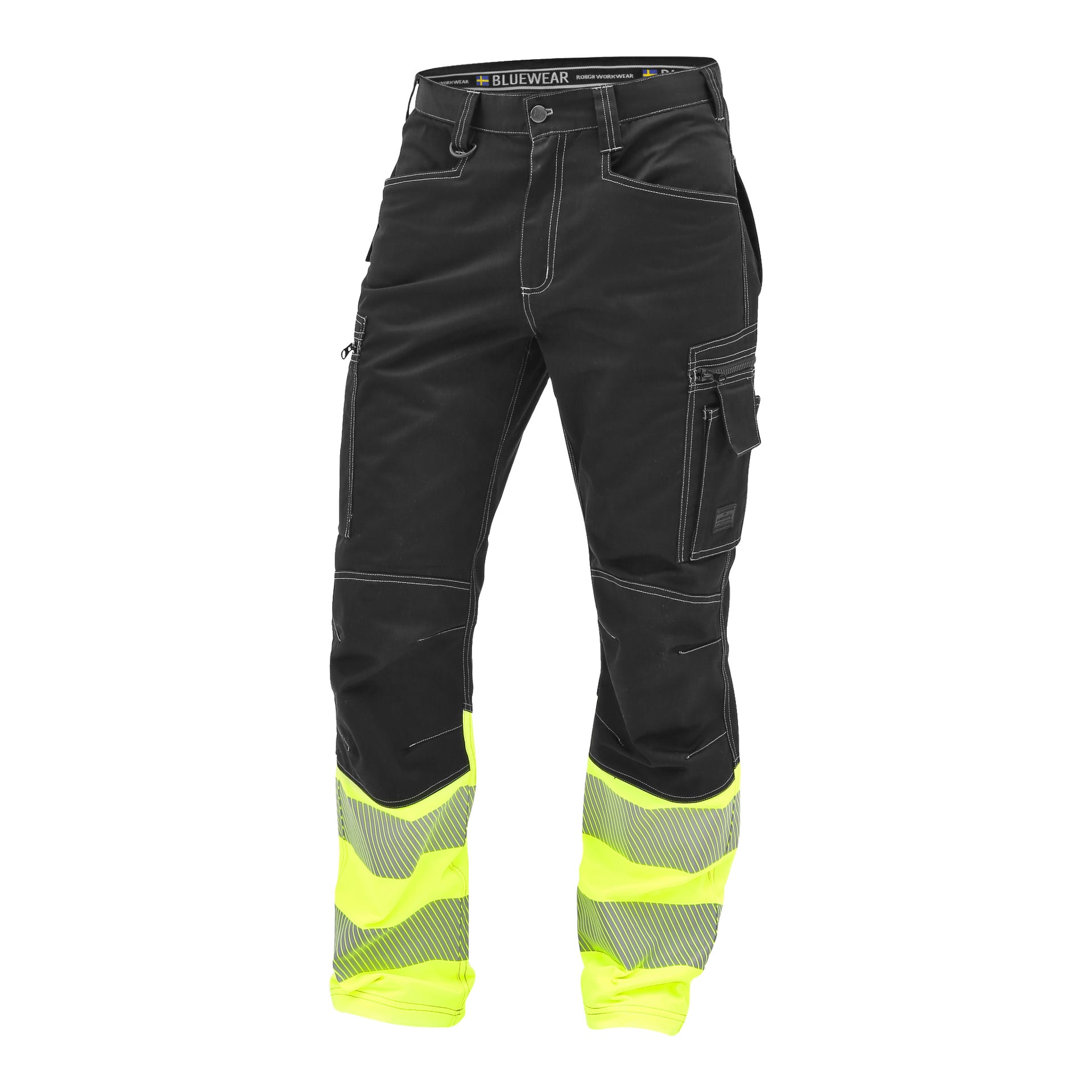 Hochsichtbare Hosen ohne Nageltaschen von Bluewear mit verstärkten Nähten, mehreren Taschen und leuchtend gelben reflektierenden Bändern an den Unterschenkeln. Der Bund trägt die Aufschrift Bluewear.