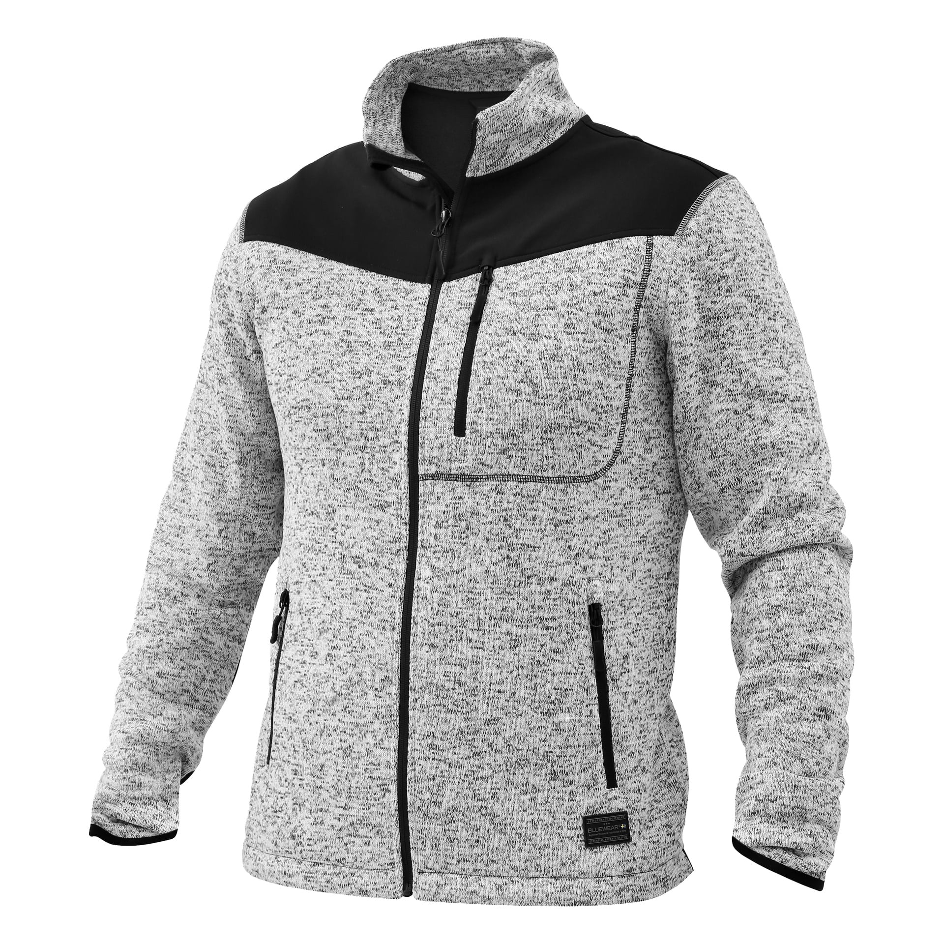 Męska kurtka polarowa Bluewear Knitted ma jasnoszarą tkaninę z wrzosem, czarne akcenty na ramionach, wysoki kołnierz oraz trzy kieszenie na zamek błyskawiczny: dwie w talii i jedną na klatce piersiowej.