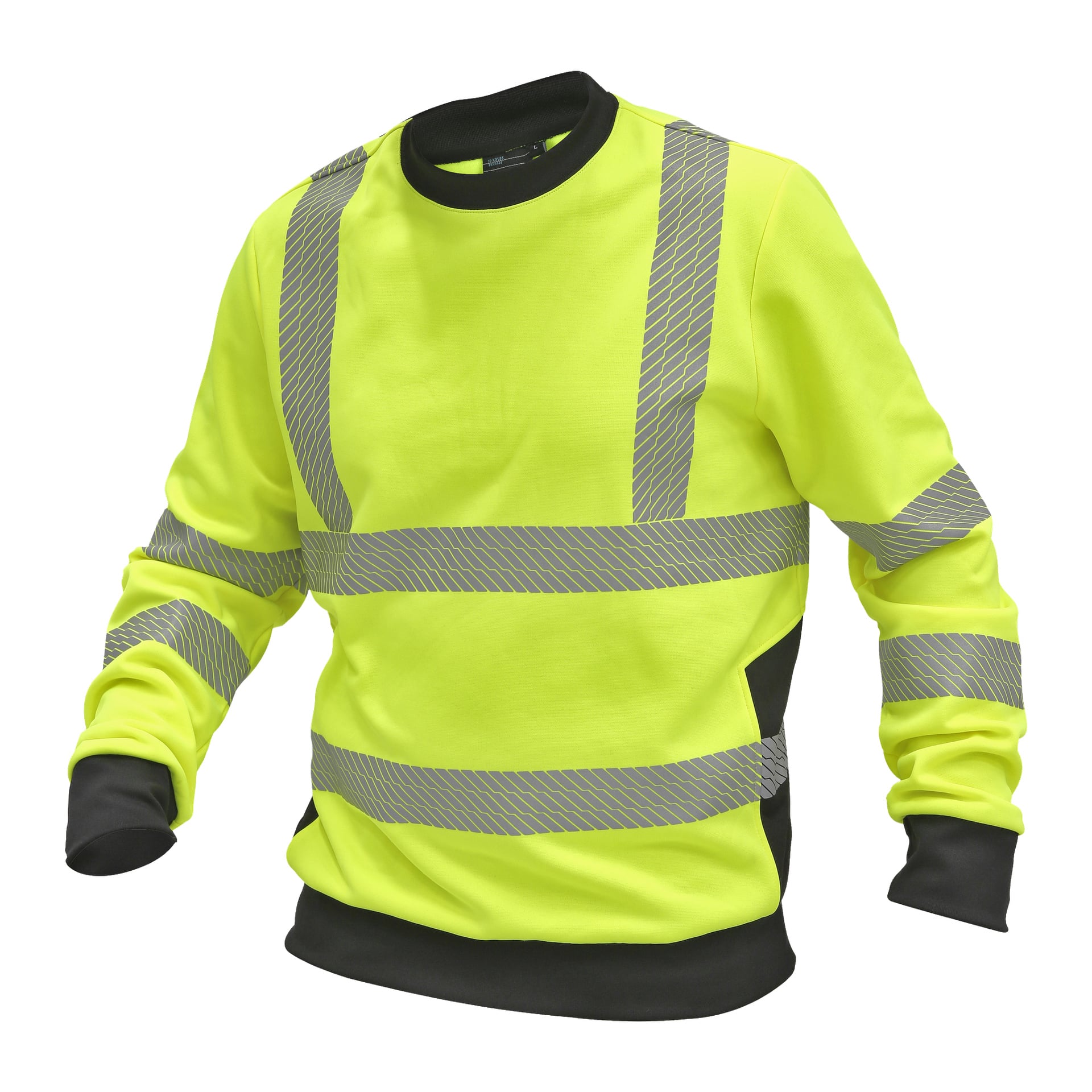Der Bluewear Hi-Vis Sweatshirt ist ein leuchtend gelbes Sicherheitsoberteil mit reflektierenden silbernen Streifen über Brust, Schultern und Ärmel. Es weist kontrastierende schwarze Manschetten und Kragen auf.
